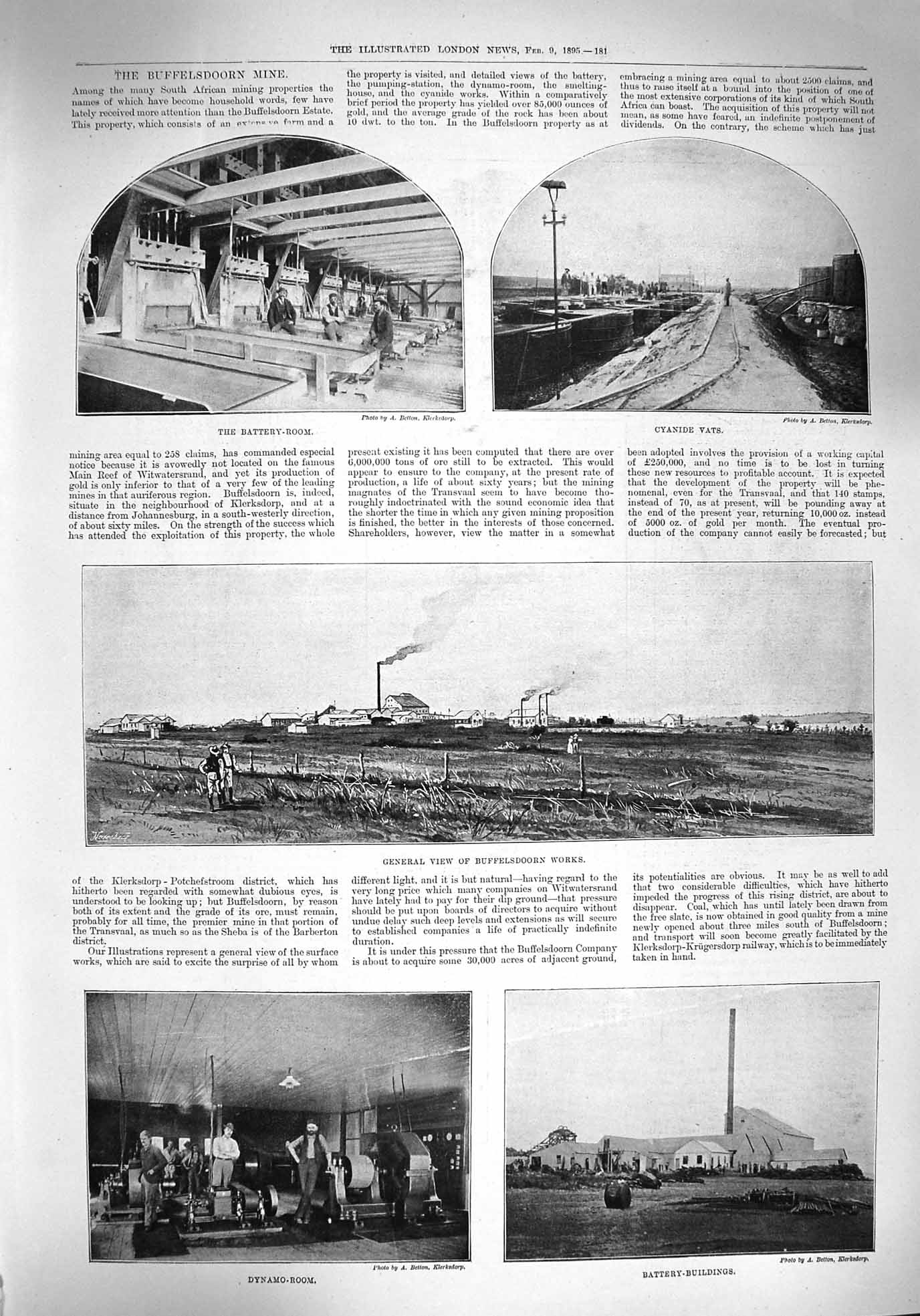 Original Old Antique Print 1895 Buffelsdoorn Mine Dynamo Cyanide Battery Works