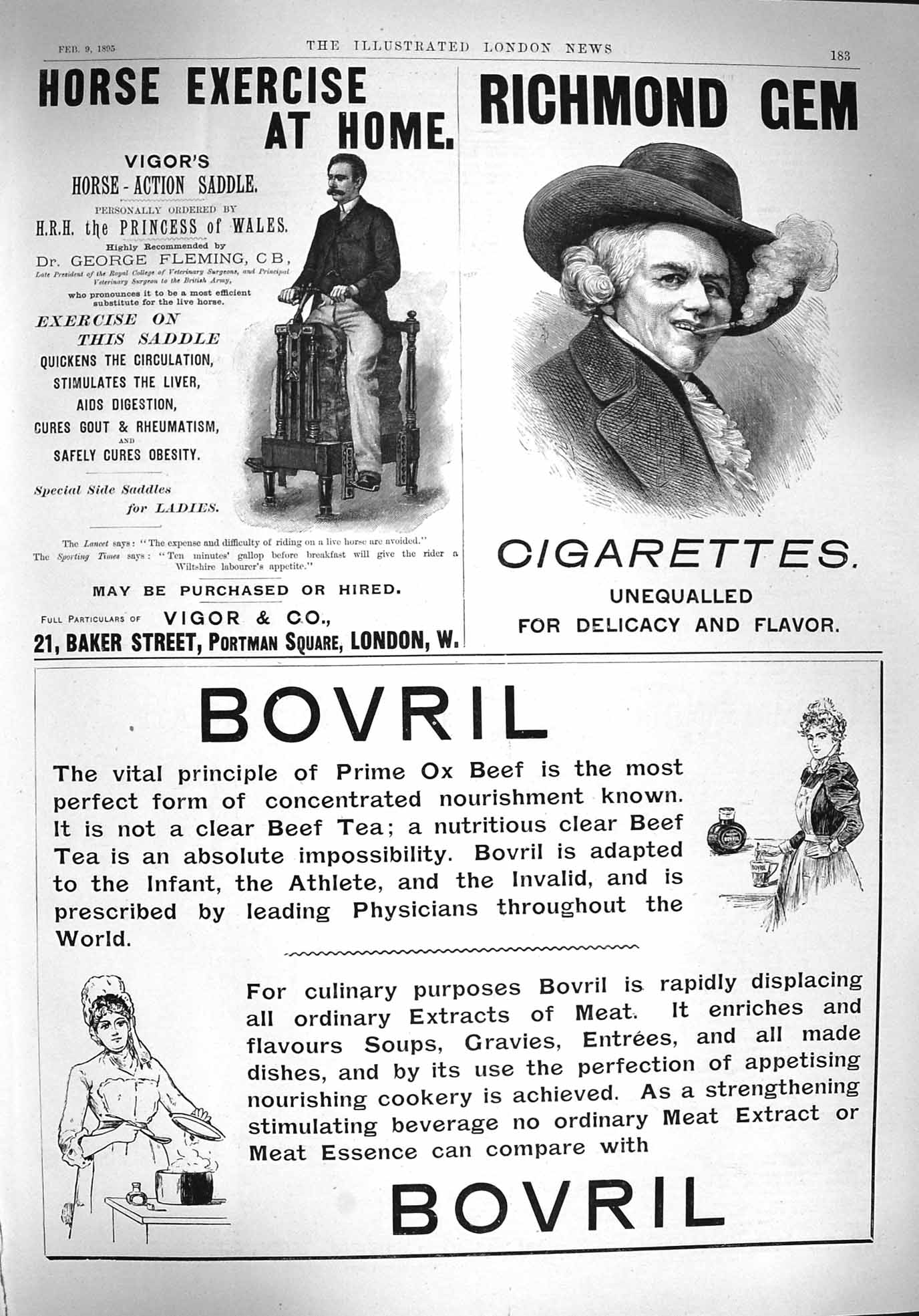 Original Old Antique Print 1895 Advertisement Richmond Cigarettes Bovril Vigors