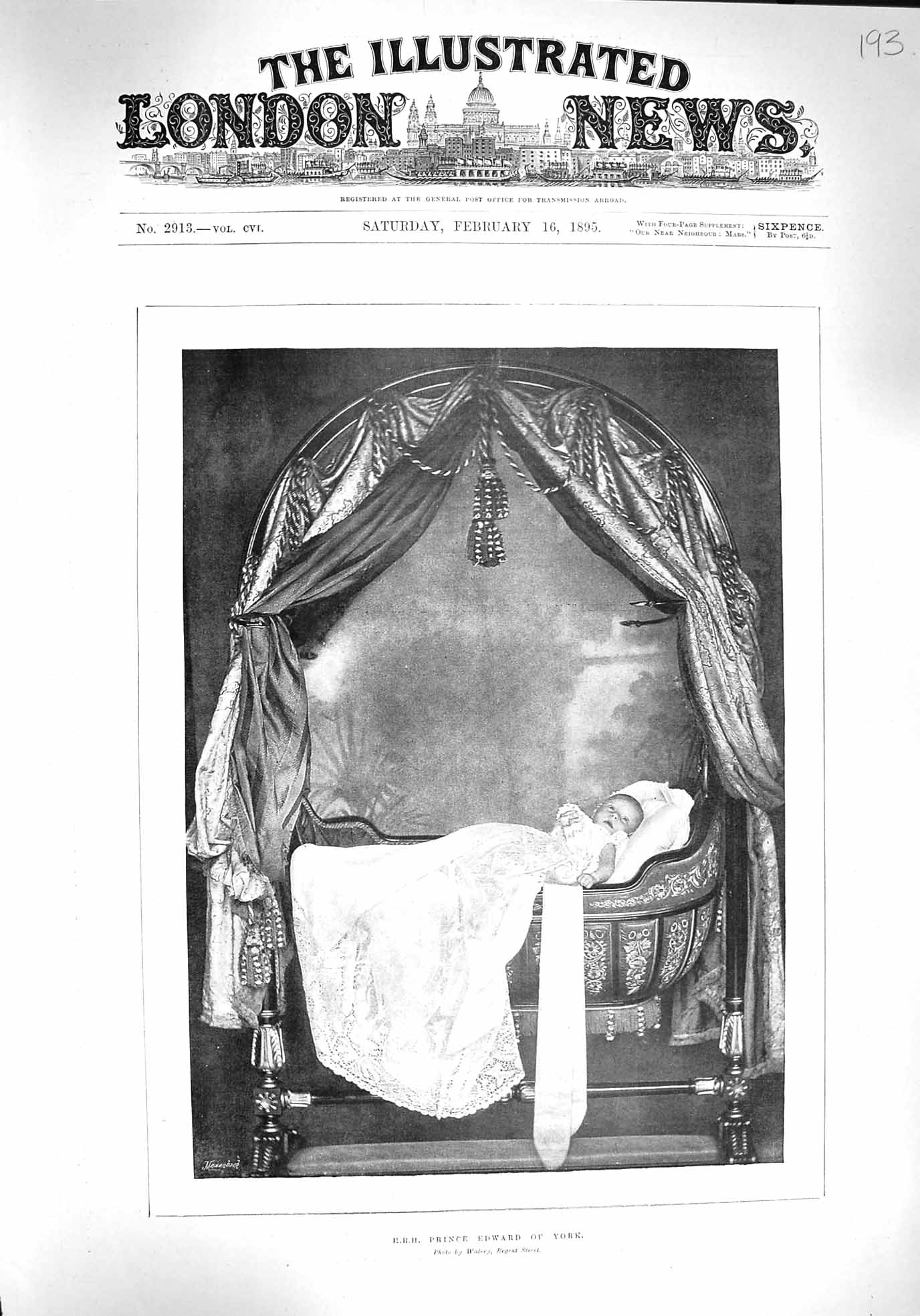 Original Old Antique Print 1895 Baby Crib H.R.H. Prince Edward York Royalty