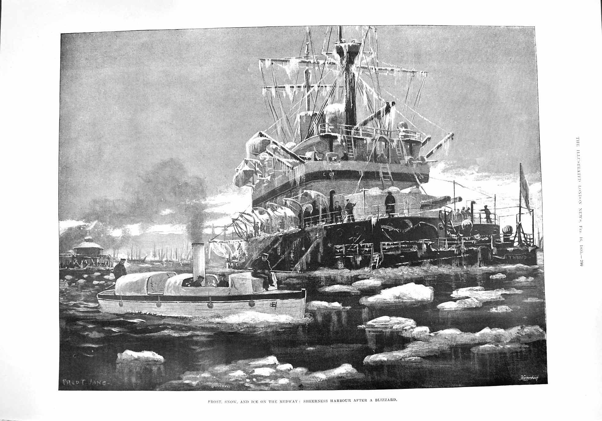 Old Antique Print 1895 Frost Snow Ice River Medway Sheerness Harbour Ship 19th