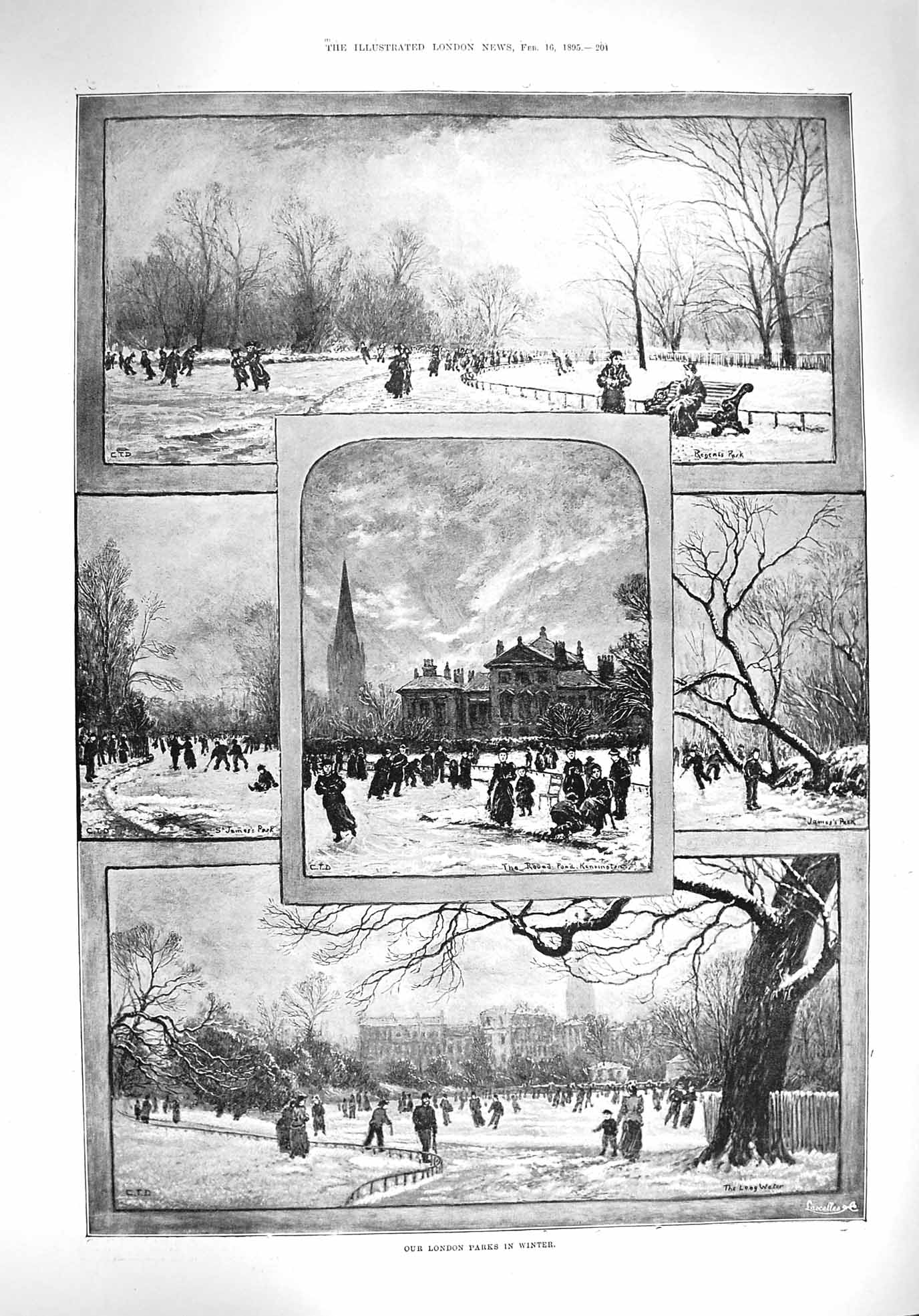 Original Old Antique Print 1895 London Winter Parks Regents James Kensington