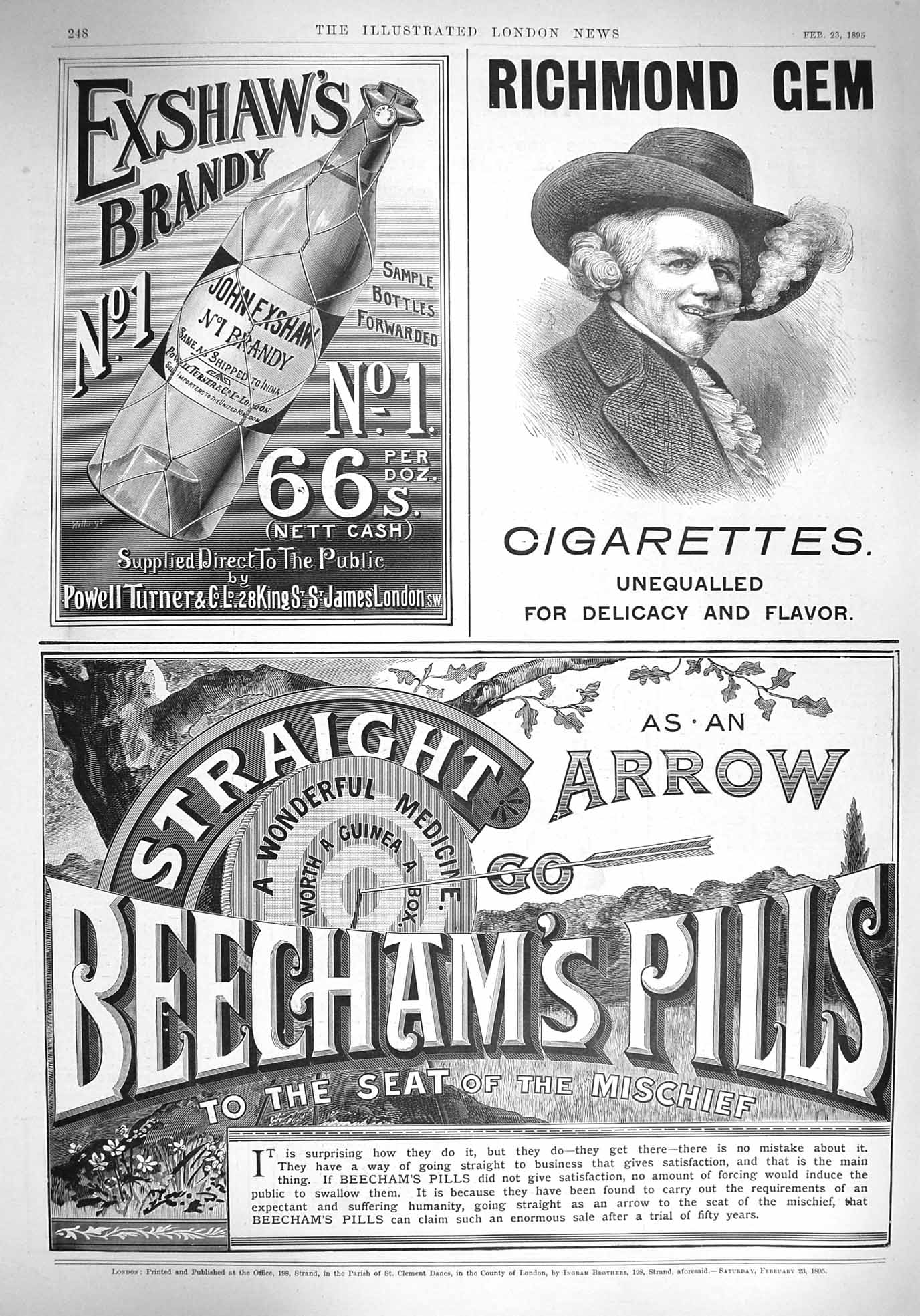 Old Antique Print 1895 Advertisement Beechams Pills Richmond Cigarettes 19th