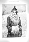 Original Old Antique Print 1895 Portrait Beautiful Woman Fur Coat Winter Scene