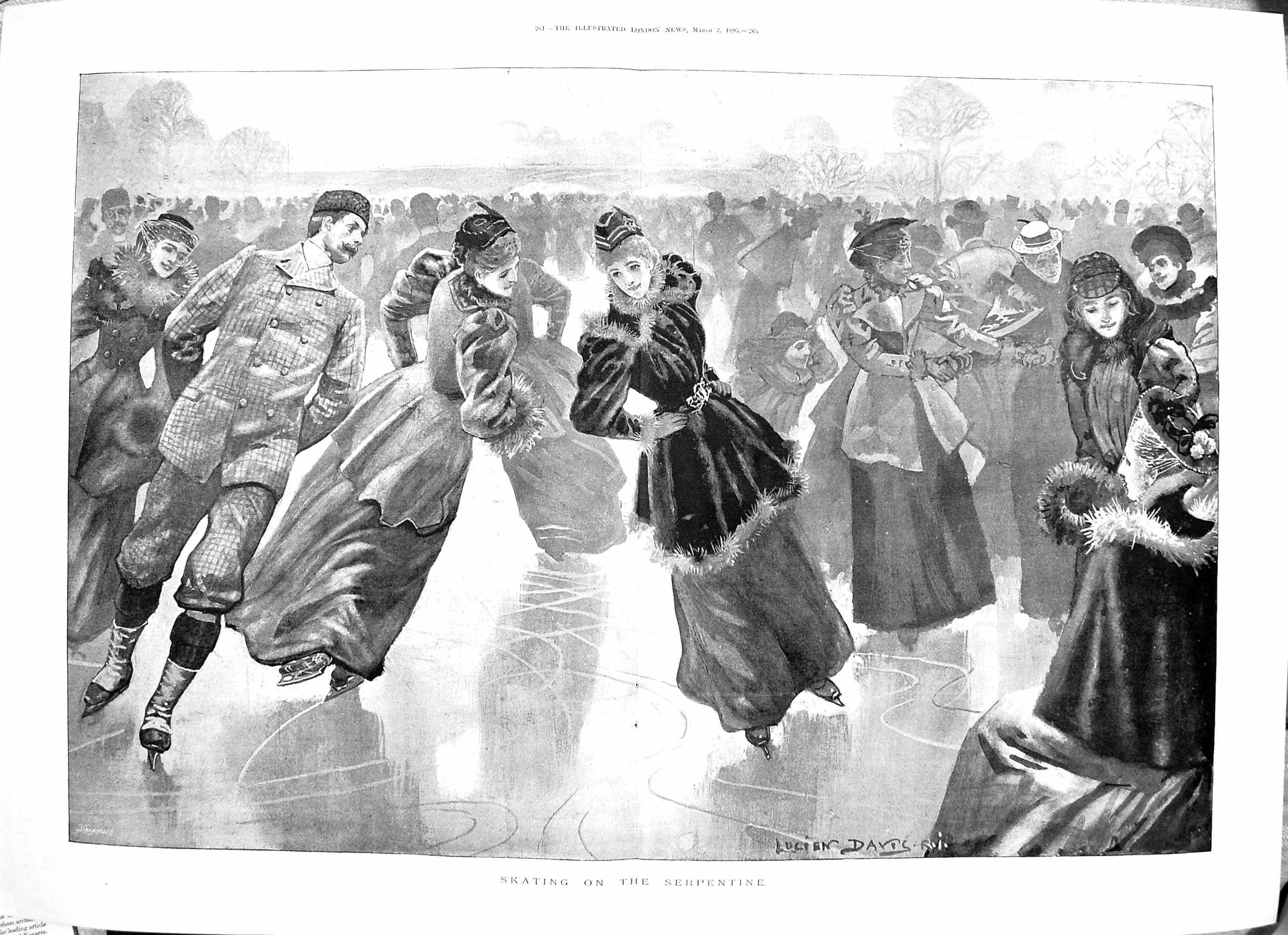Original Old Antique Print 1895 Ice Skating Serpentine River Lucien Davis 19th
