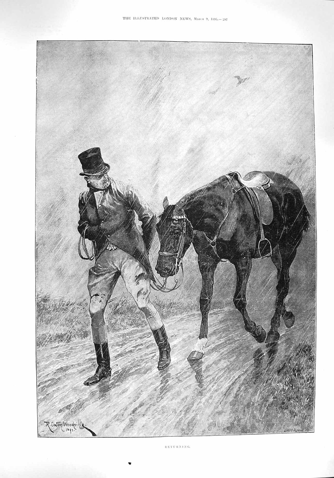 Original Old Antique Print Woodville Fine Art 1895 Returning Man Horse Rai 19th