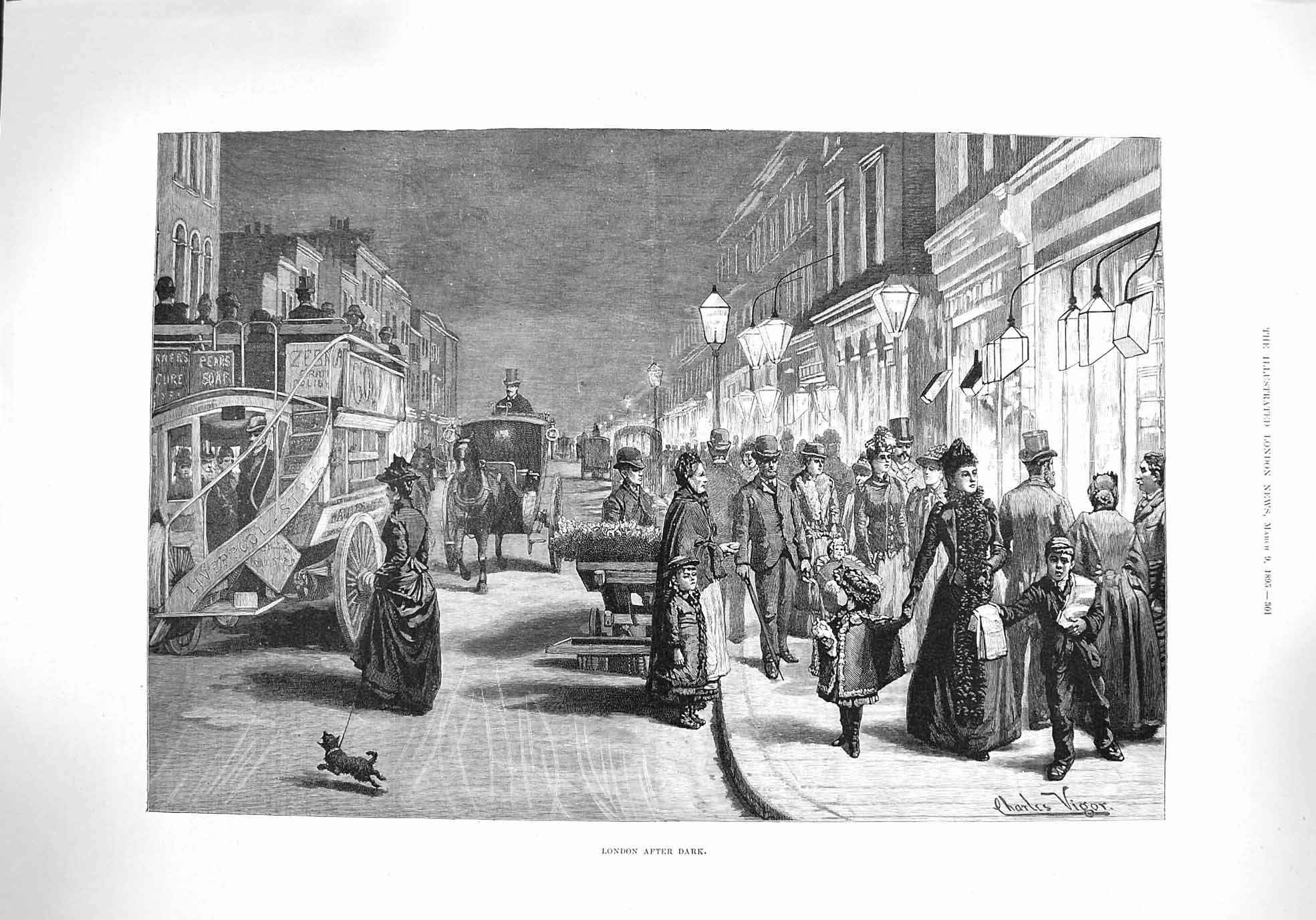 Original Old Antique Print 1895 Street Scene London After Dark Transport Vigor