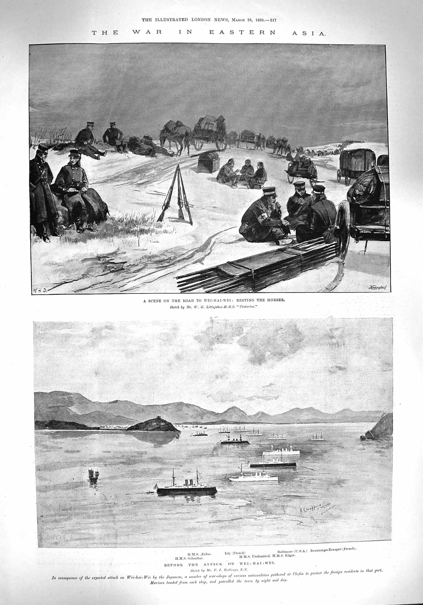 Original Old Antique Print 1895 War Asia Wei-Hai-Wei Ships Aeolus Gibralta 19th