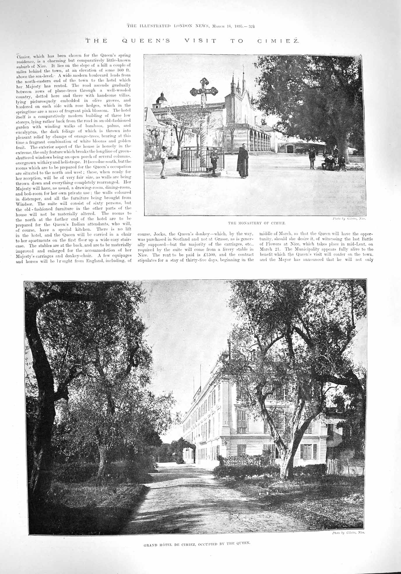 Original Old Antique Print 1895 Queen Cimiez Monastery Hotel Roman Archaeology