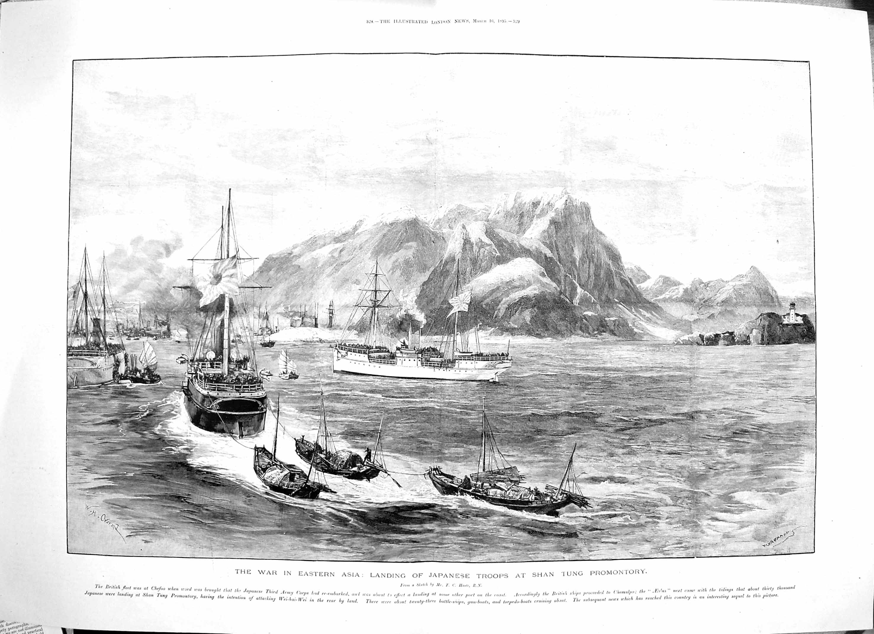 Original Old Antique Print 1895 War Asia Japanese Troops Shan Tung Promontory