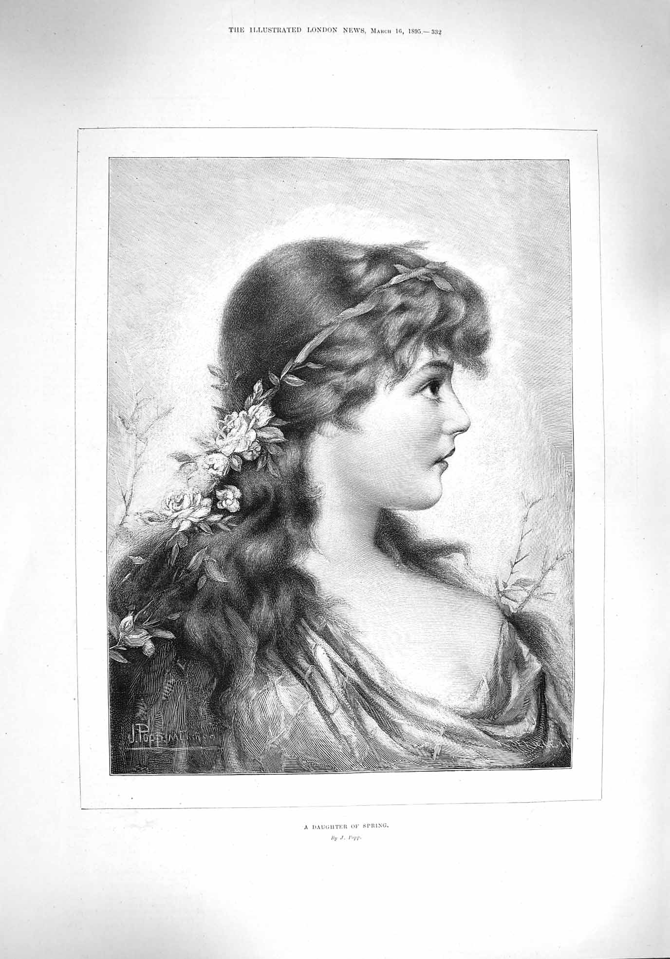 Original Old Antique Print 1895 Portrait Beautiful Daughter Spring Girl 19th