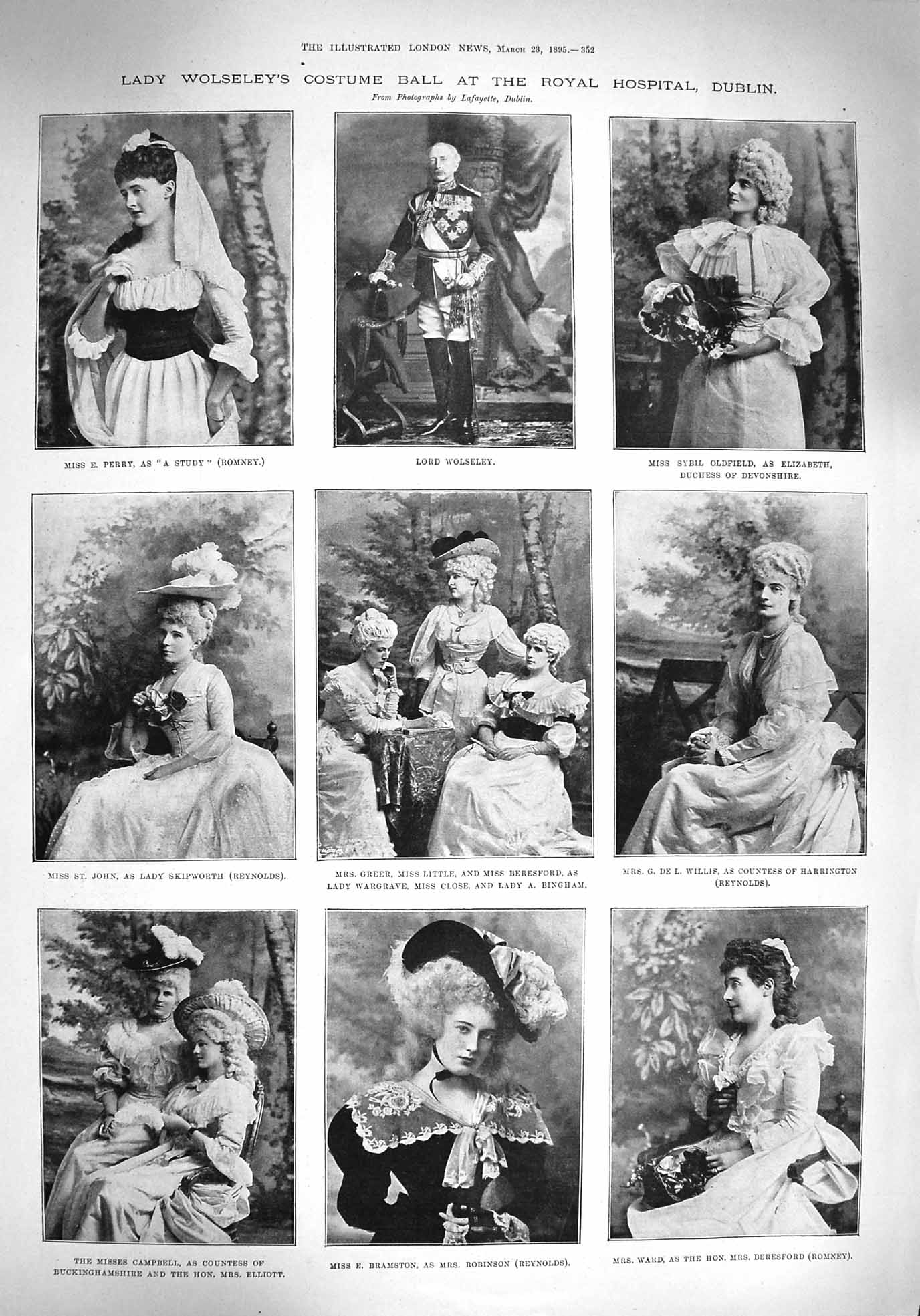 Old Antique Print 1895 Lady Wolseley Costume Ball Hospital Dublin Hound 19th