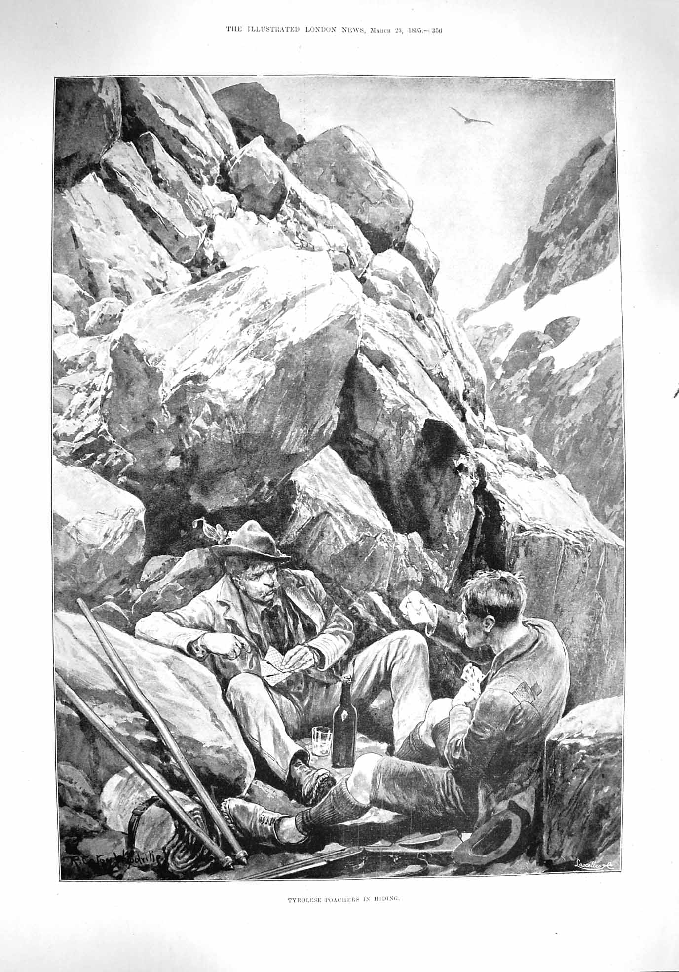 Old Antique Print 1895 Tyrolese Poachers Hiding Mountains Hunting Birds 19th
