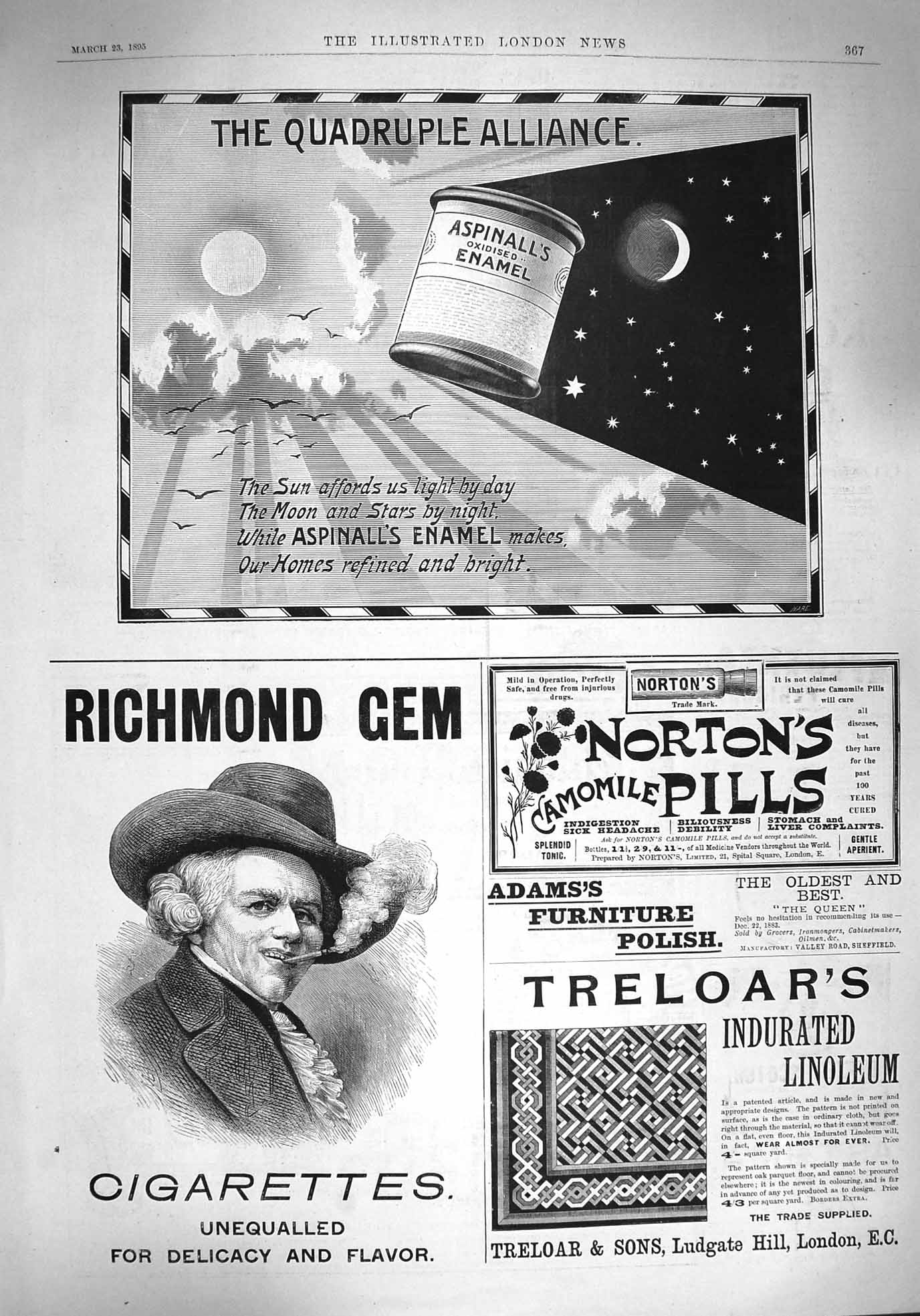 Original Old Antique Print 1895 Advertisement Richmond Cigarettes Nortons Pills