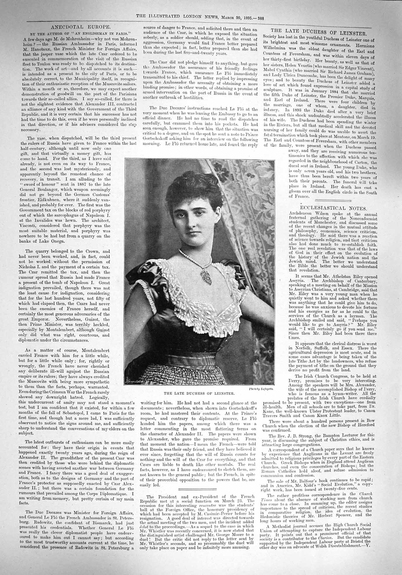 Original Old Antique Print 1894 Portrait Duchess Leinster Beautif 19th