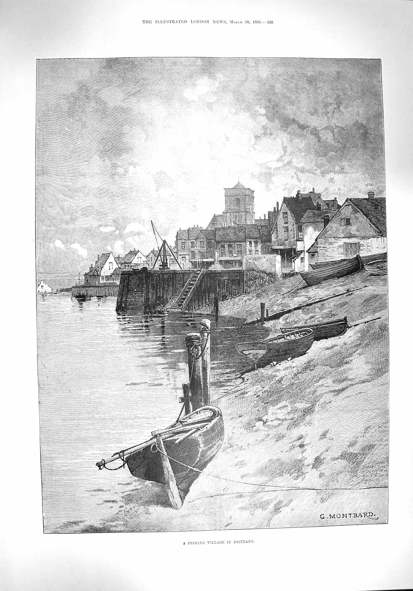Original Old Antique Print 1895 Fishing Village Brittany France Montbard 19th
