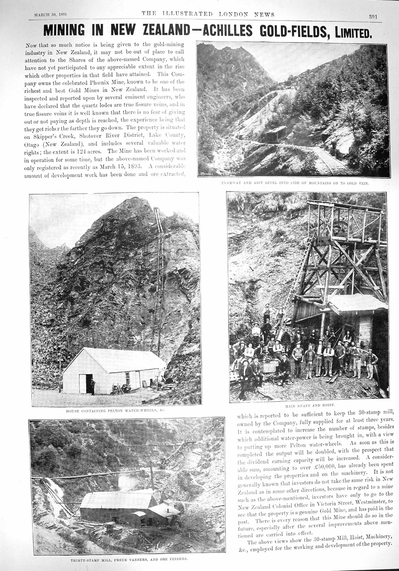 Original Old Antique Print 1895 GMining Achilles New Zealand Pelton Vanners