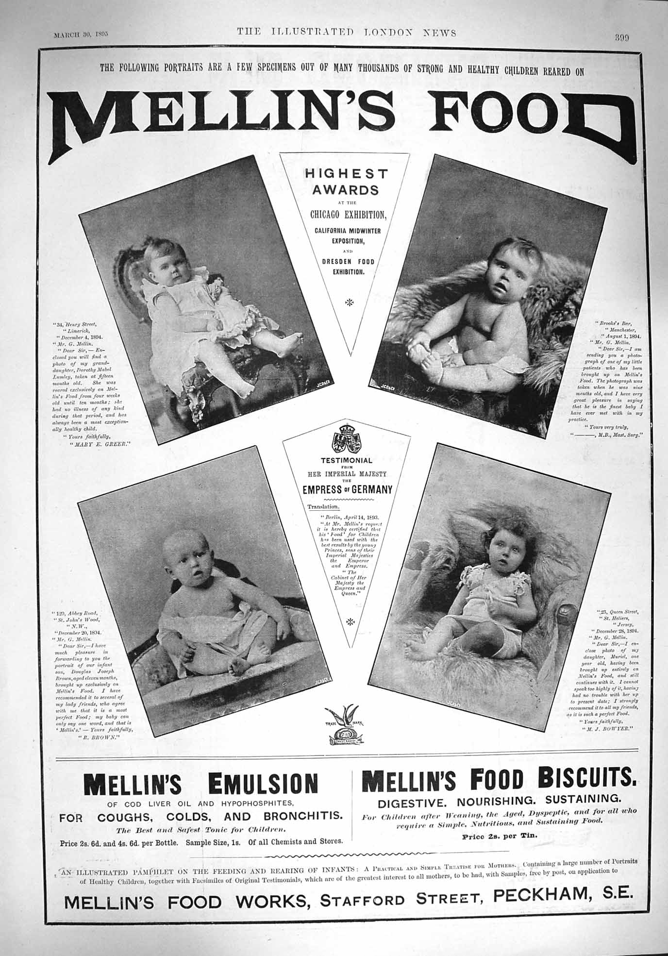 Original Old Antique Print 1895 Advertisement Mellins Food Biscuits Emulsion