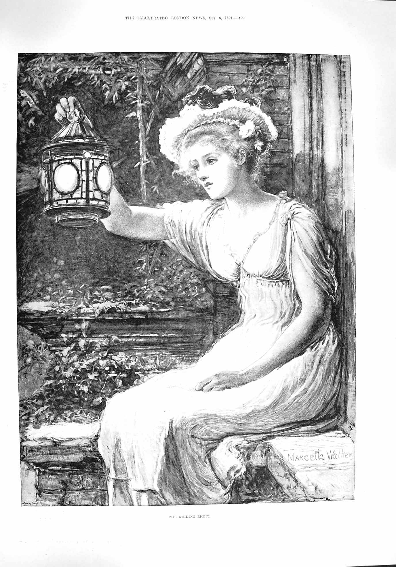 Original Old Antique Print 1894 Lady Guiding Light Lamp Kitchin Ritchie Herman
