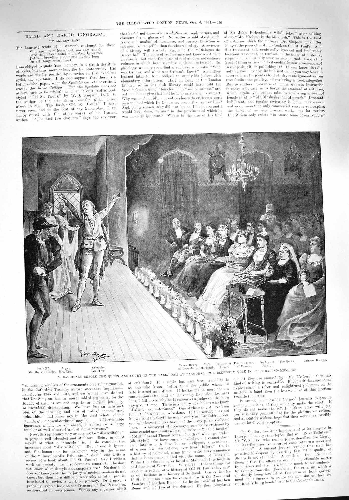 Old Antique Print 1894 Theatre Balmoral Beerbohm Prince Battenberg Albany 19th