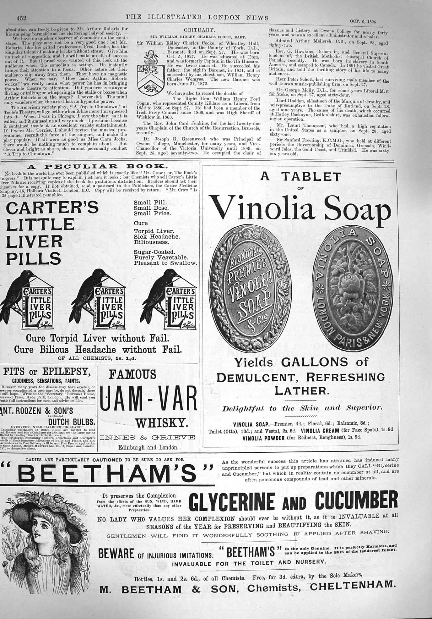 Original Old Antique Print 1894 Advertisement Vinolia Soap Carters Liver Pills