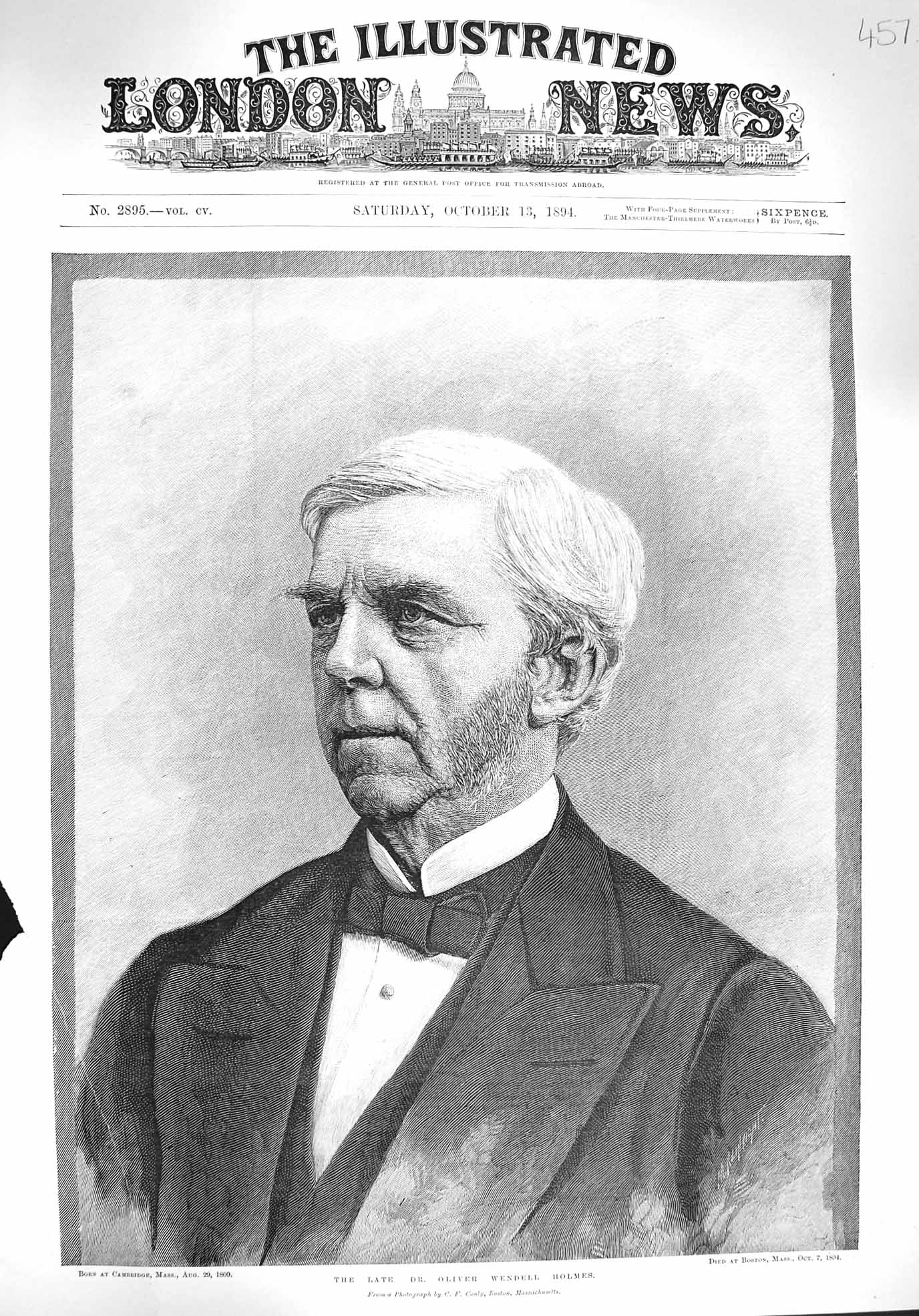 Original Old Antique Print 1894 Portrait Dr. Oliver Wendell Holmes Victorian