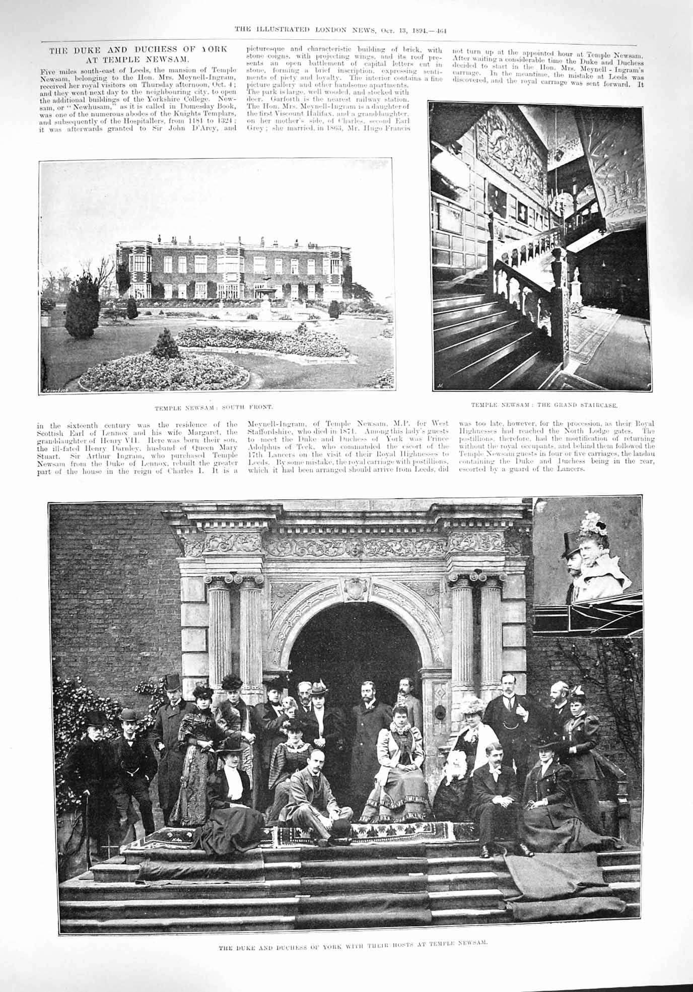 Old Antique Print 1894 Duke York Temple Newsam Leeds Lenty Harrion Thomas 19th