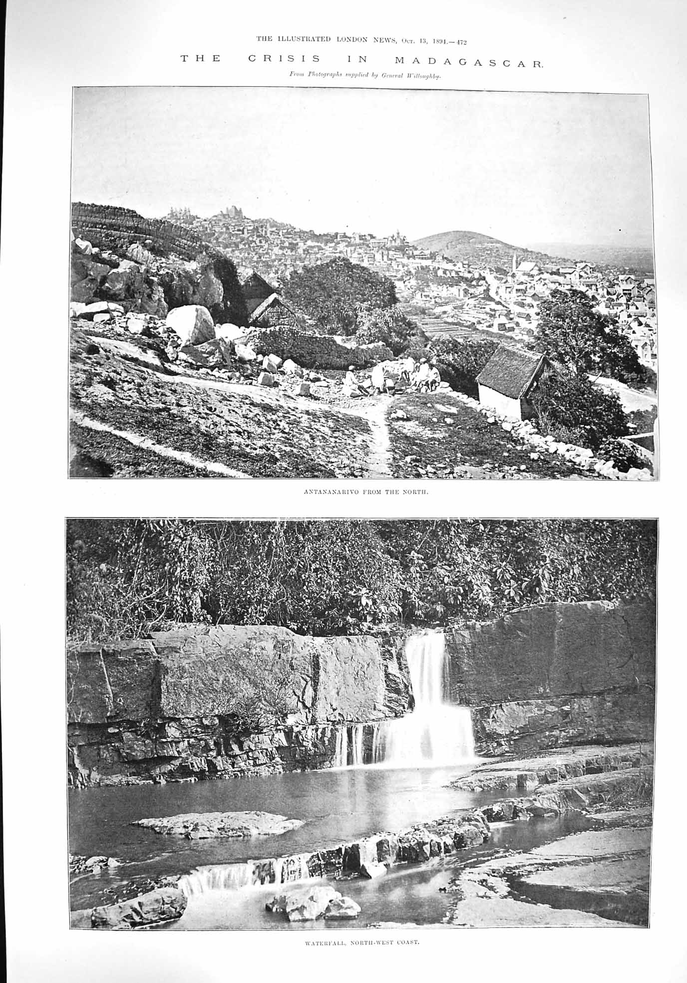 Original Old Antique Print 1894 Madagascar Antananarivo Waterfall Oliver Holmes