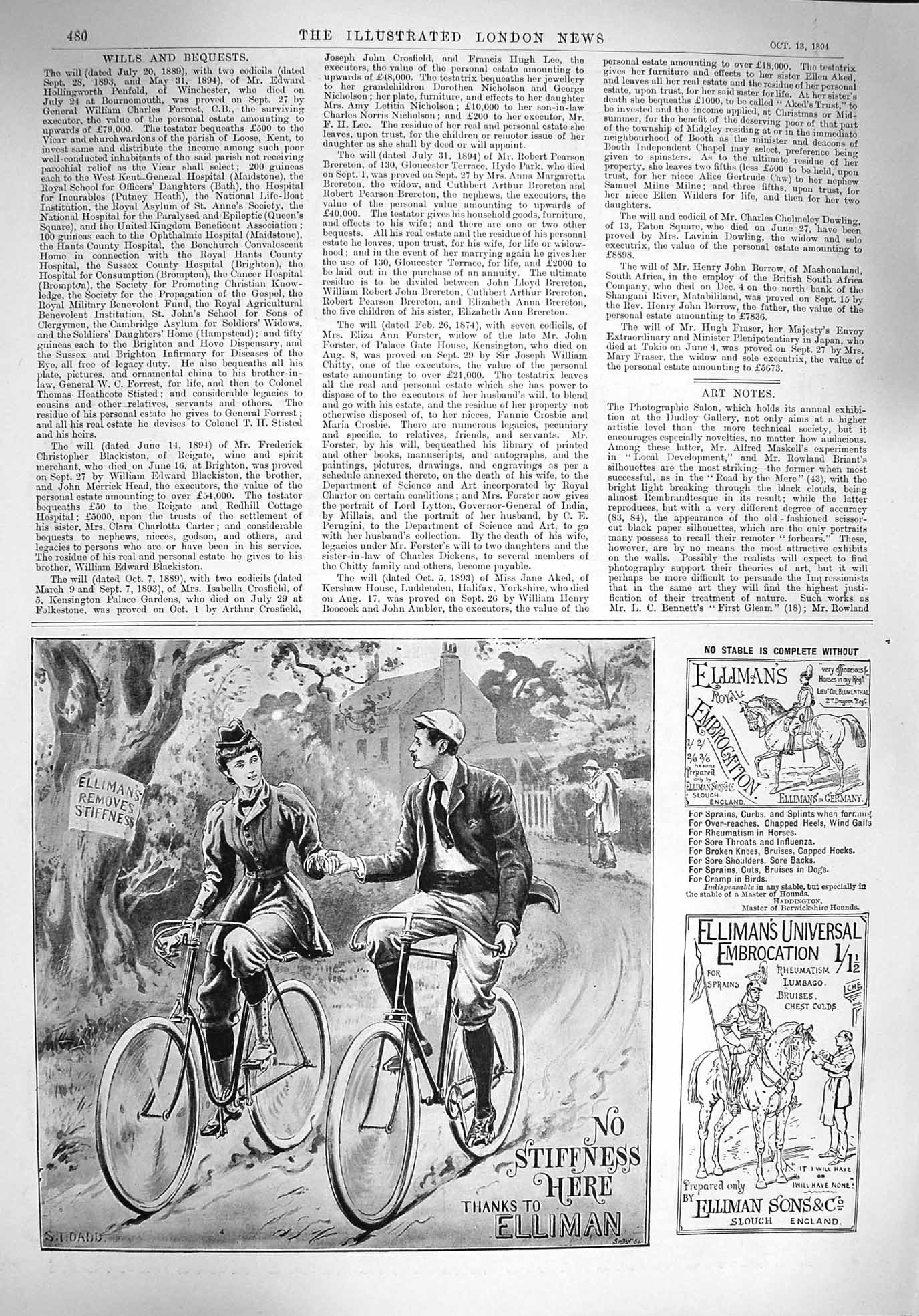 Old Antique Print 1894 Advertisement Ellimans Royal Universal Embrocation 19th
