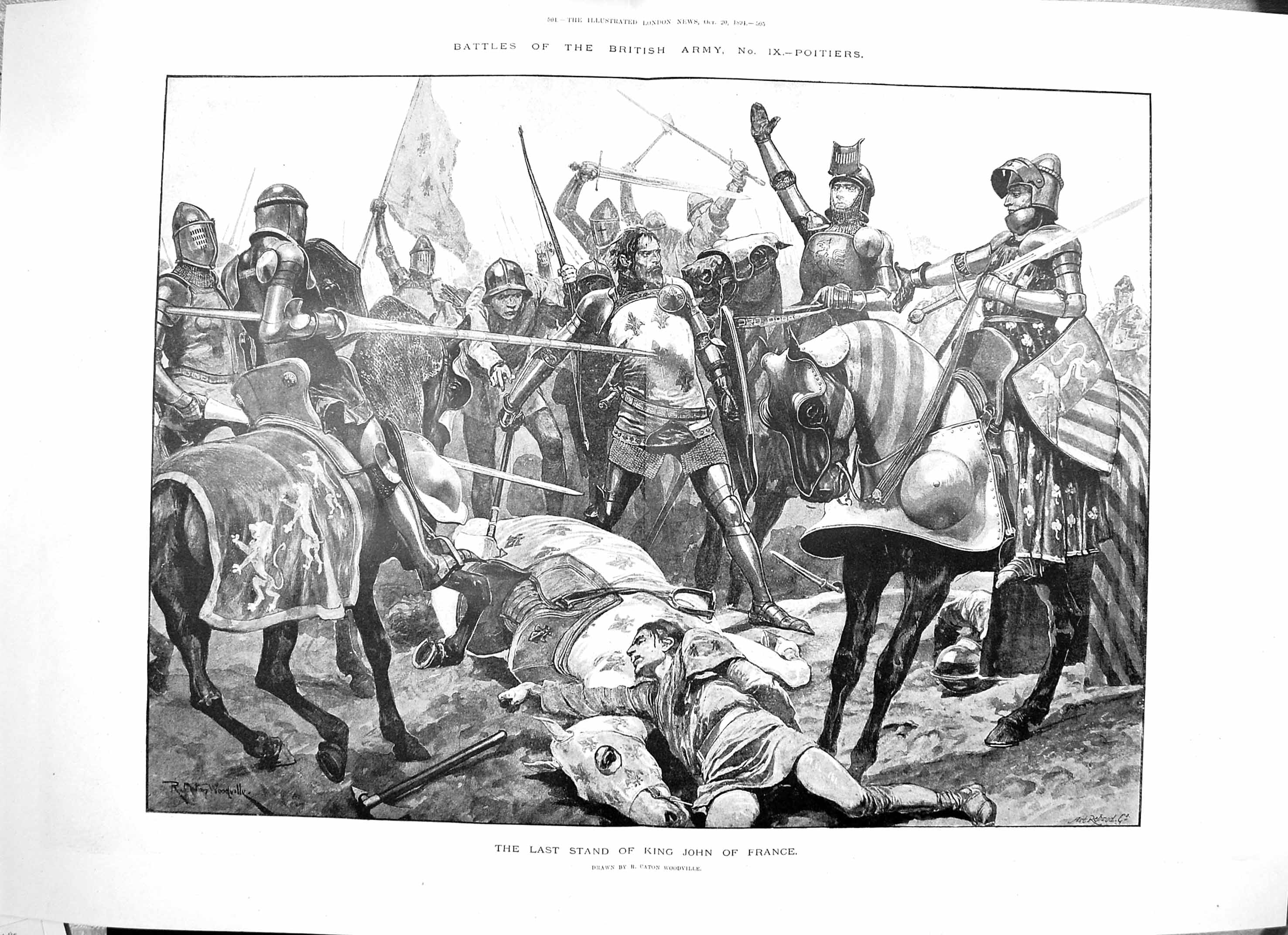 Old Antique Print 1894 Battle British Army Poitiers King John France War 19th