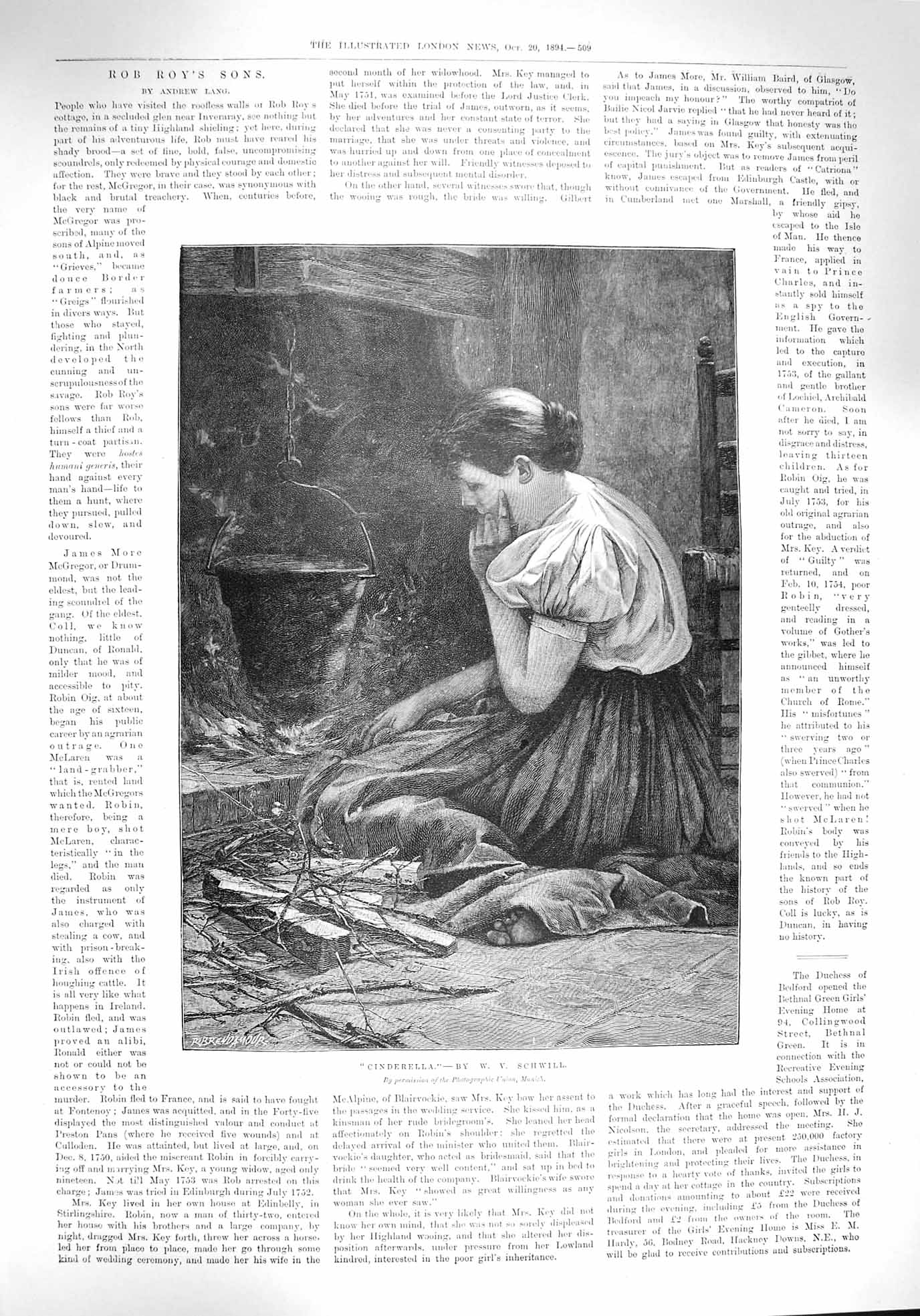 Original Old Antique Print 1894 Schwill Cinderella Fire-Side Munich Victorian