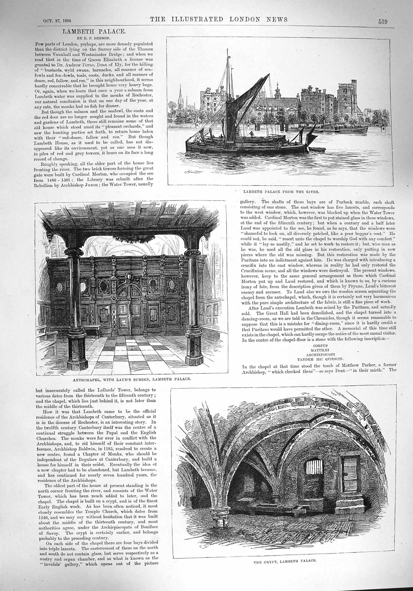 Old Antique Print 1894 Lambeth Palace Antechapel Laud'S Screen Crypt Boat 19th