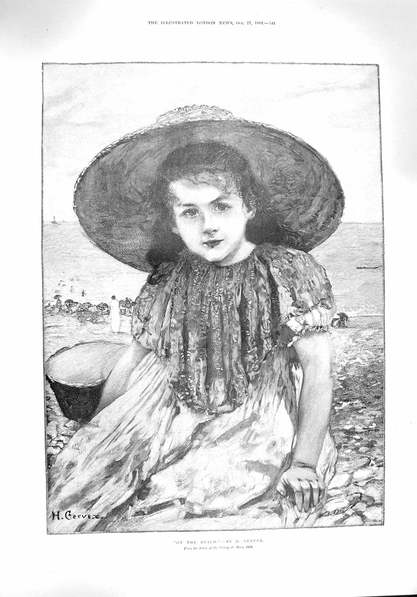 Original Old Antique Print 1894 On The Beach Little Girl Sands Seaside Gervex