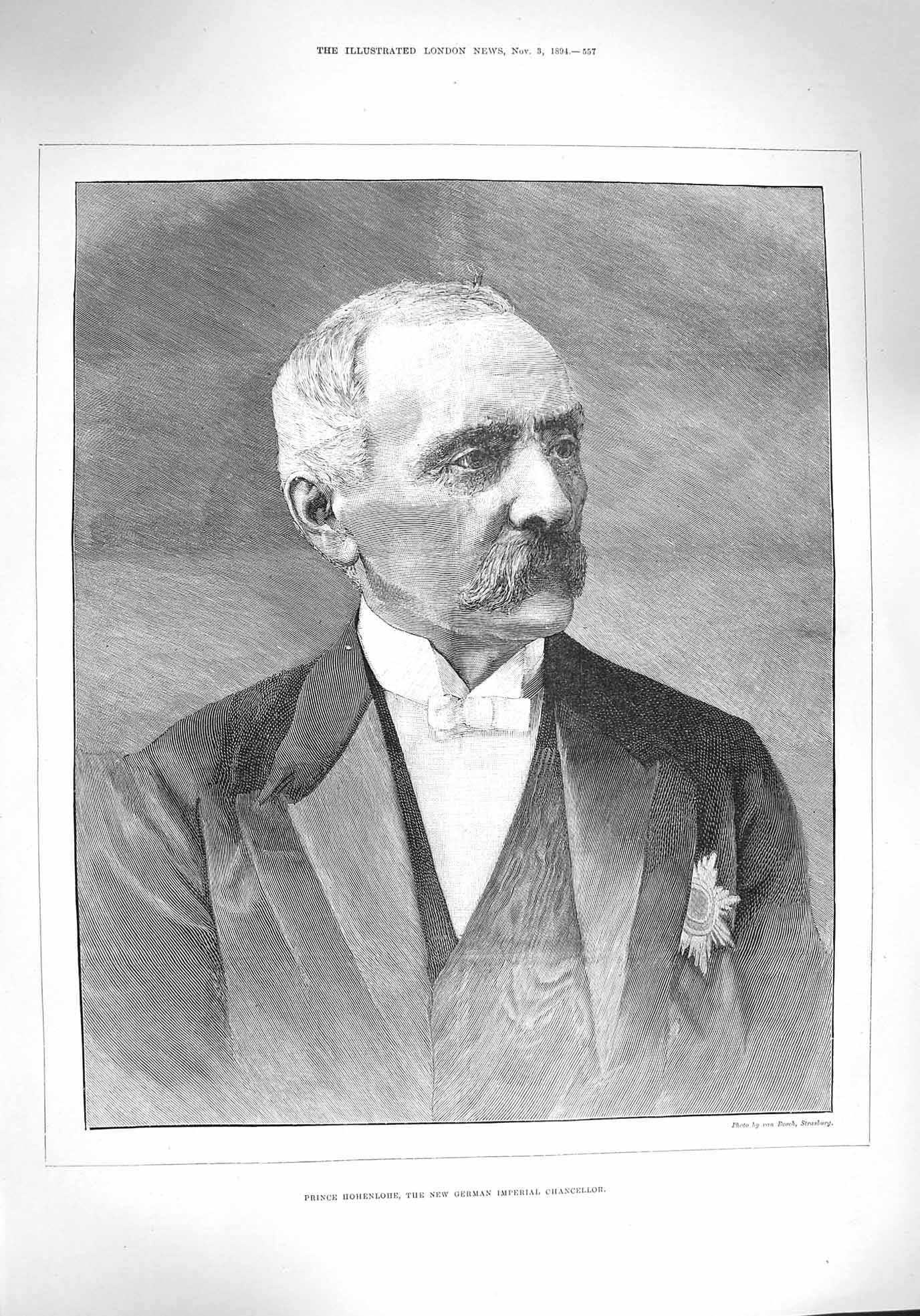 Original Old Antique Print 1894 Prince Hohenlohe German Imperial Chancellor