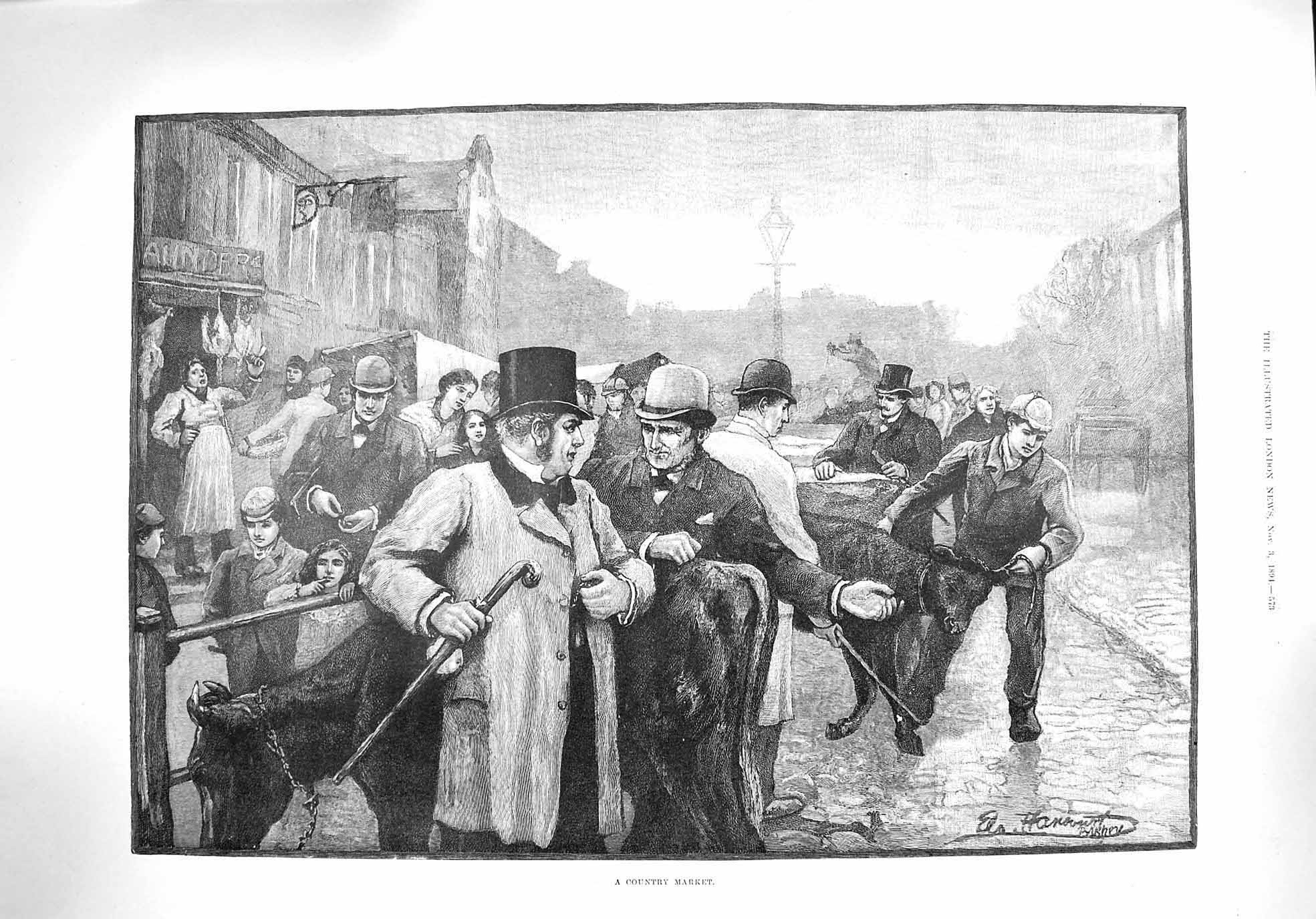 Original Old Antique Print 1894 Country Market Scene Cows Animals Fine Art 19th