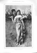 Original Old Antique Print 1894 Woooing Young Girl Boy Romance 19th
