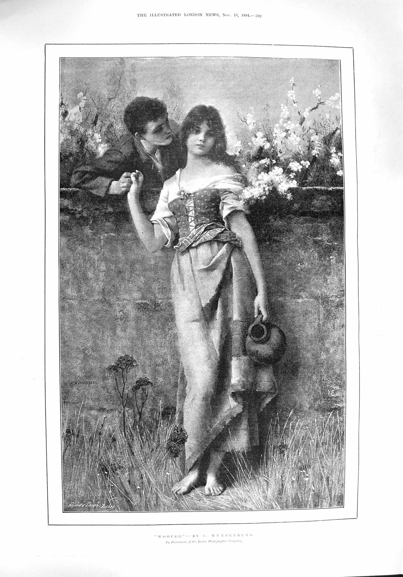 Original Old Antique Print 1894 Woooing Young Girl Boy Romance 19th