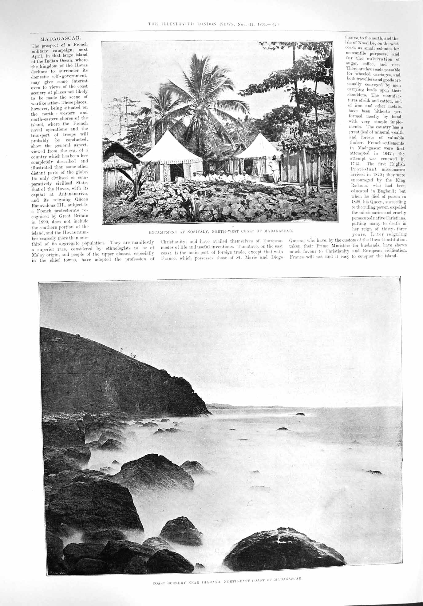 Original Old Antique Print 1894 Coast Madagascar Iharana Camp Nosifaly Tents