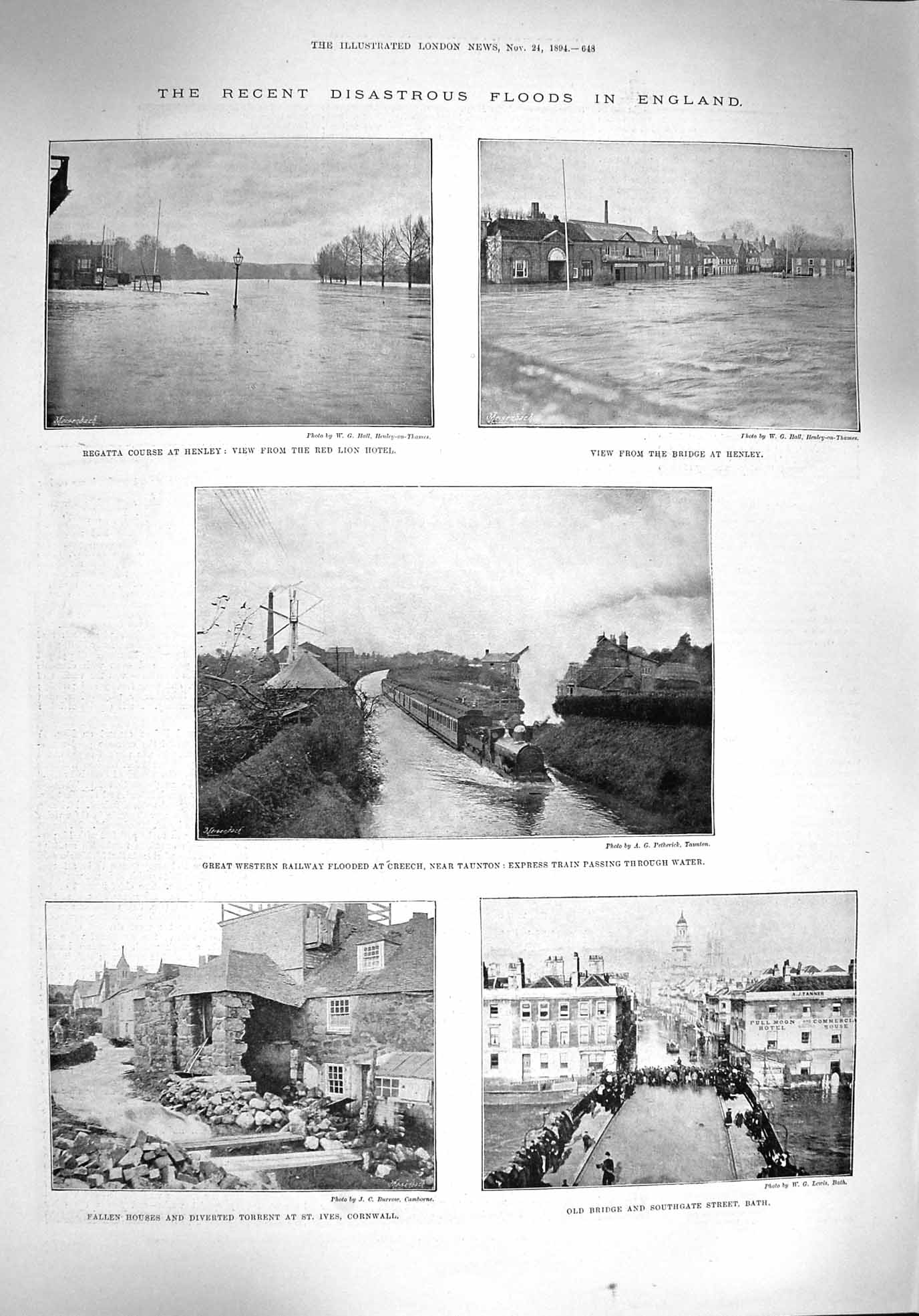 Old Antique Print 1894 Floods England Henley Creech Cornwall Train Track 19th