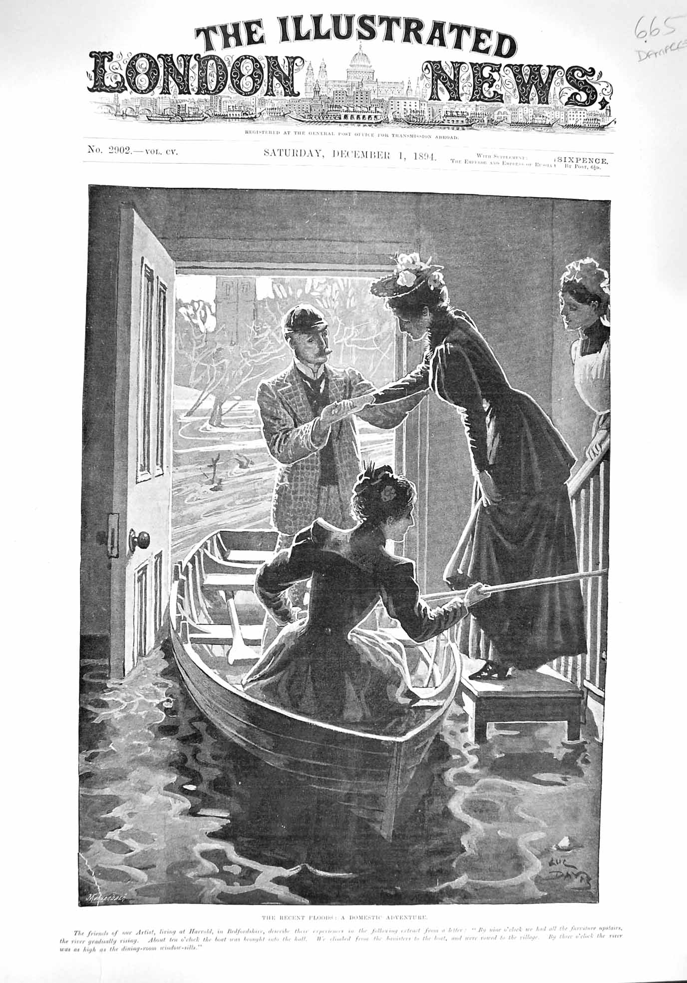 Original Old Antique Print Damaged 1894 Floods House River Boat Rescue 19th