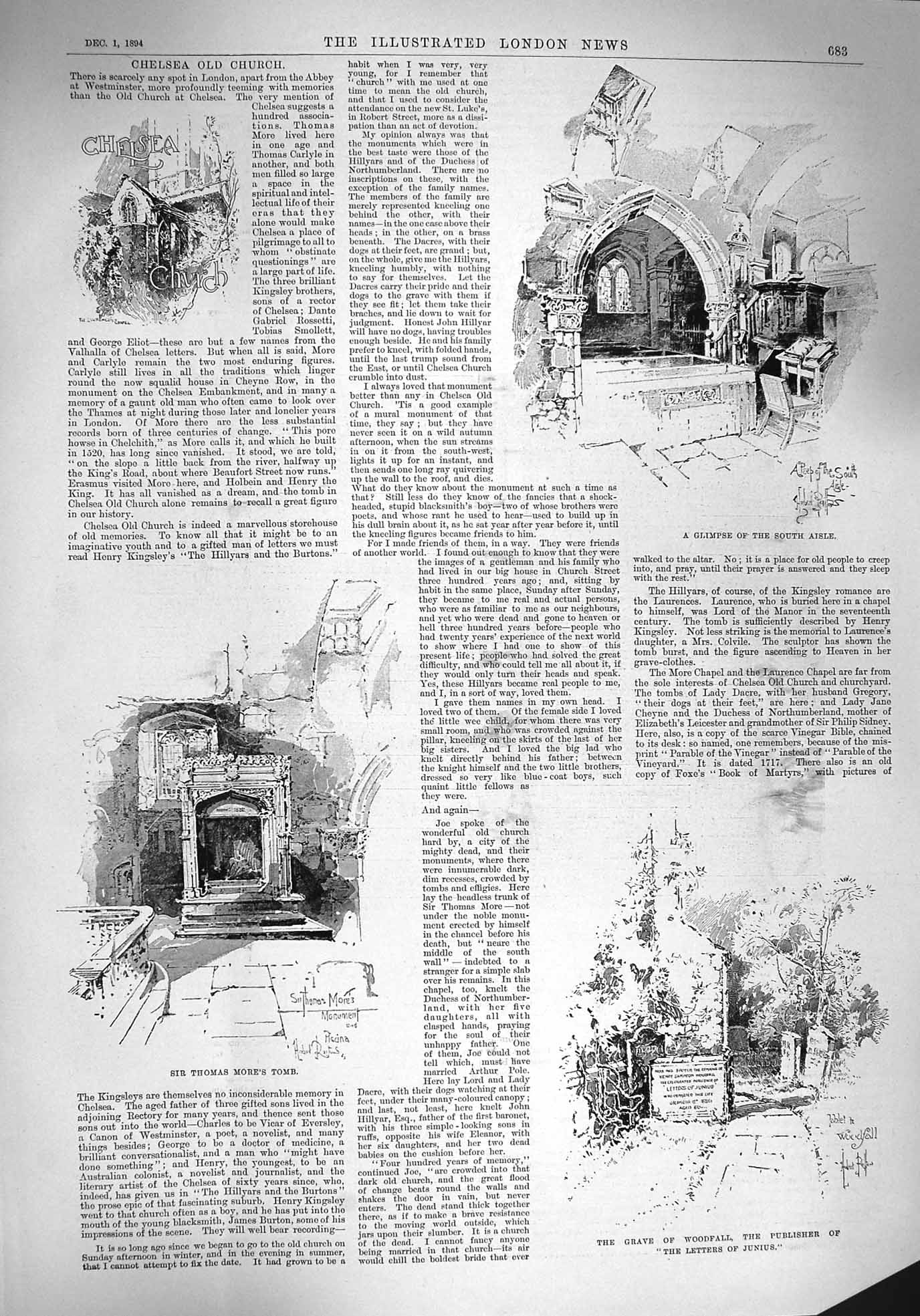 Old Antique Print 1894 Chelsea Church Thomas More Woodfall More Chantry 19th