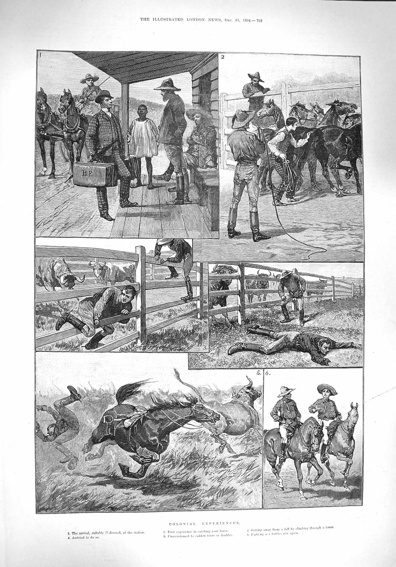 Original Old Antique Print 1894 Colonial Horses Cowboys Station Lassoo 19th