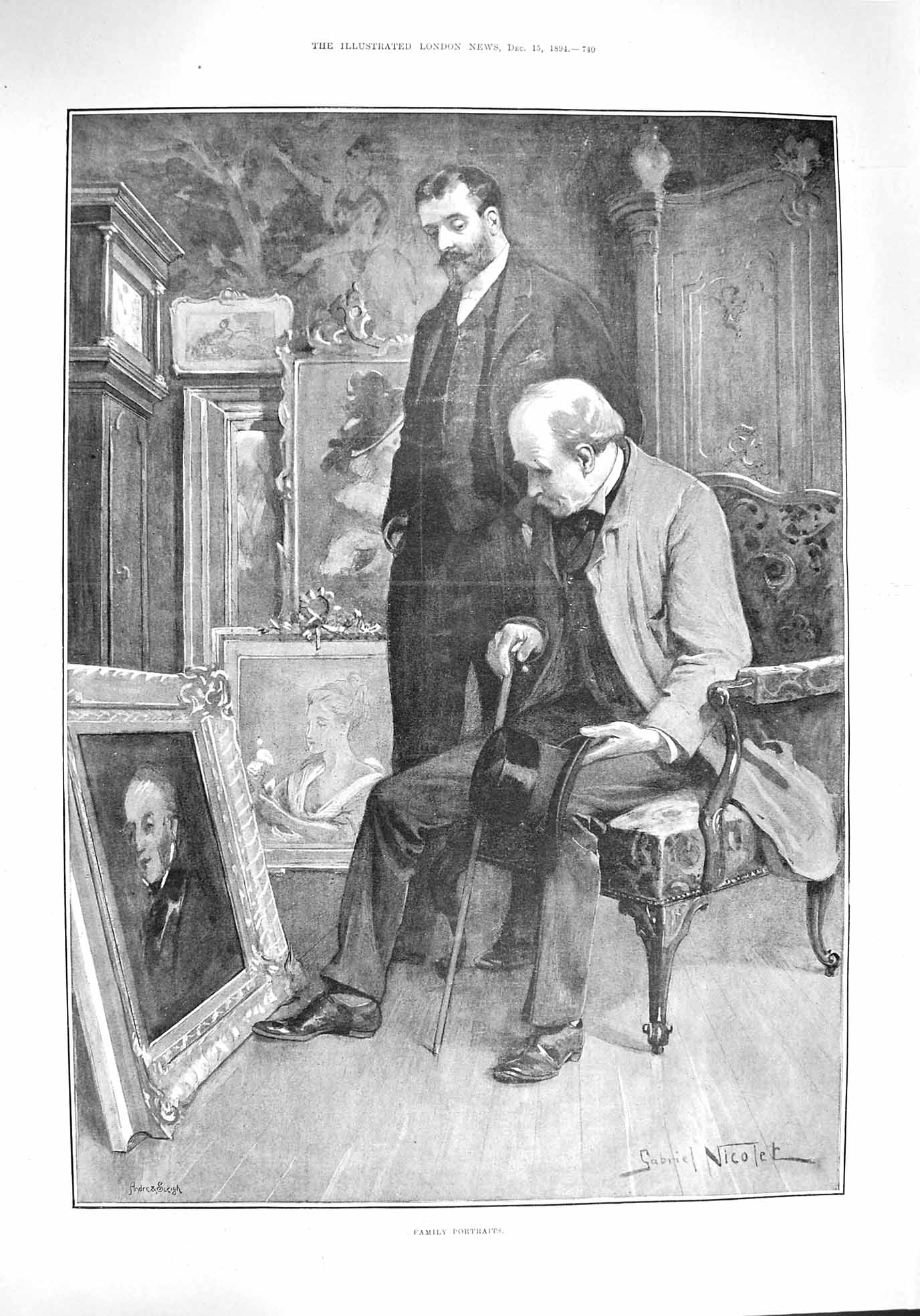 Original Old Antique Print 1894 Family Portraits Art Paintings Men Victorian