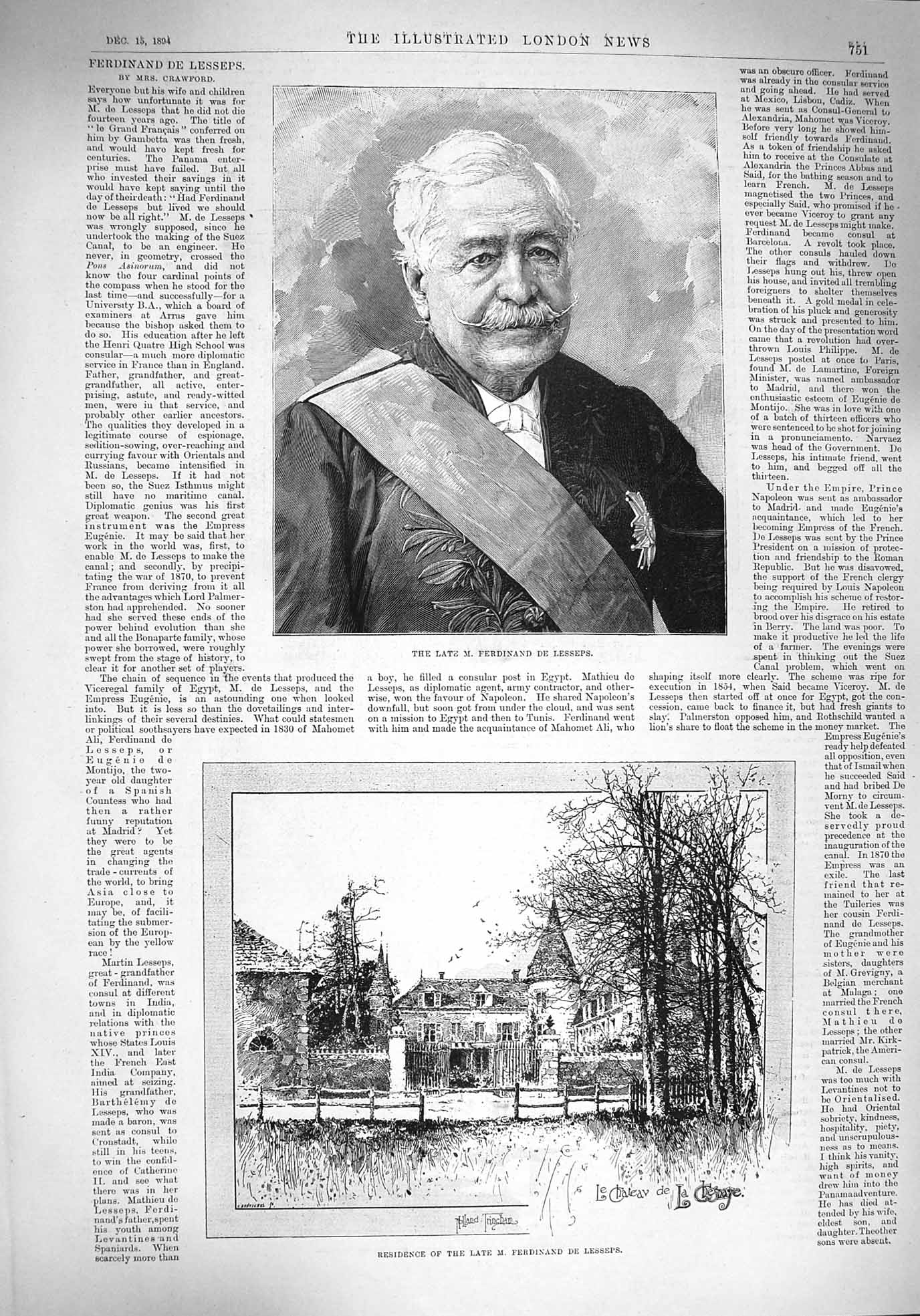 Original Old Antique Print 1894 Portrait Ferdinand De Lesseps Chateau House