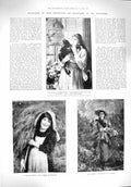 Original Old Antique Print 1894 Art Lady Gathering Lilies Harvest Cat Bird Cage