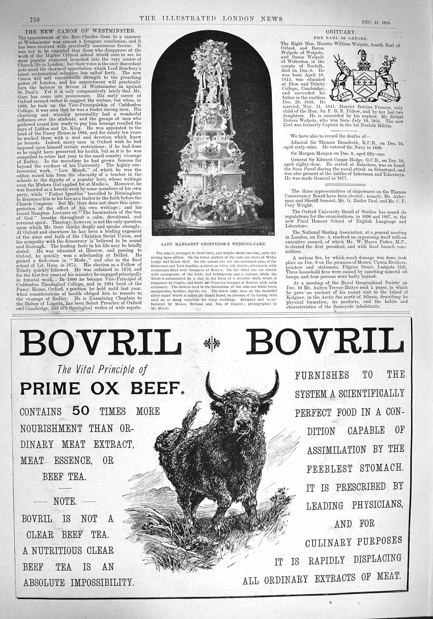 Old Antique Print 1894 Lady Margaret Grosvenor Wedding Cake Bovril Beef 19th