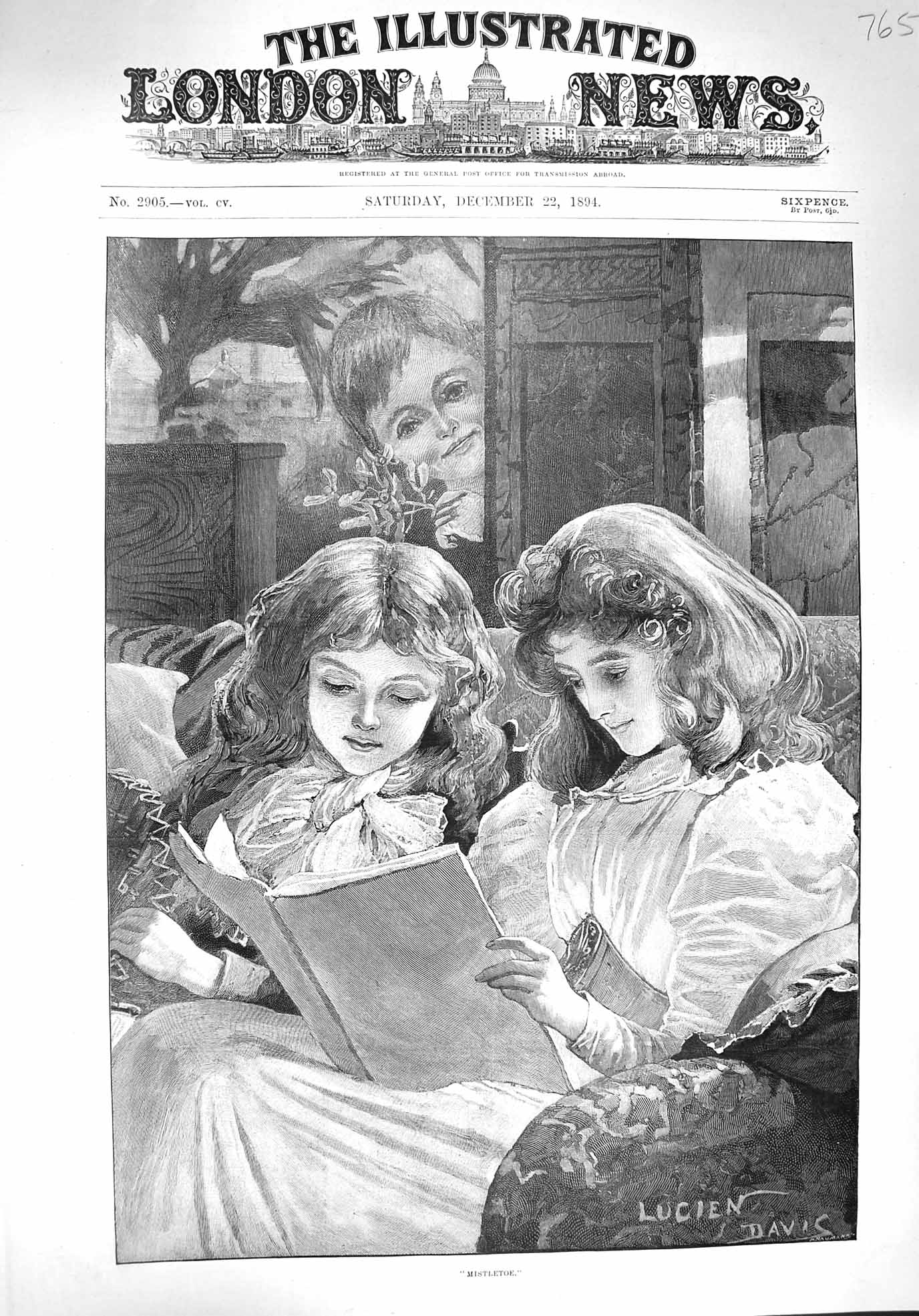Original Old Antique Print 1894 Mistletoe Children Christmas Reading Book 19th