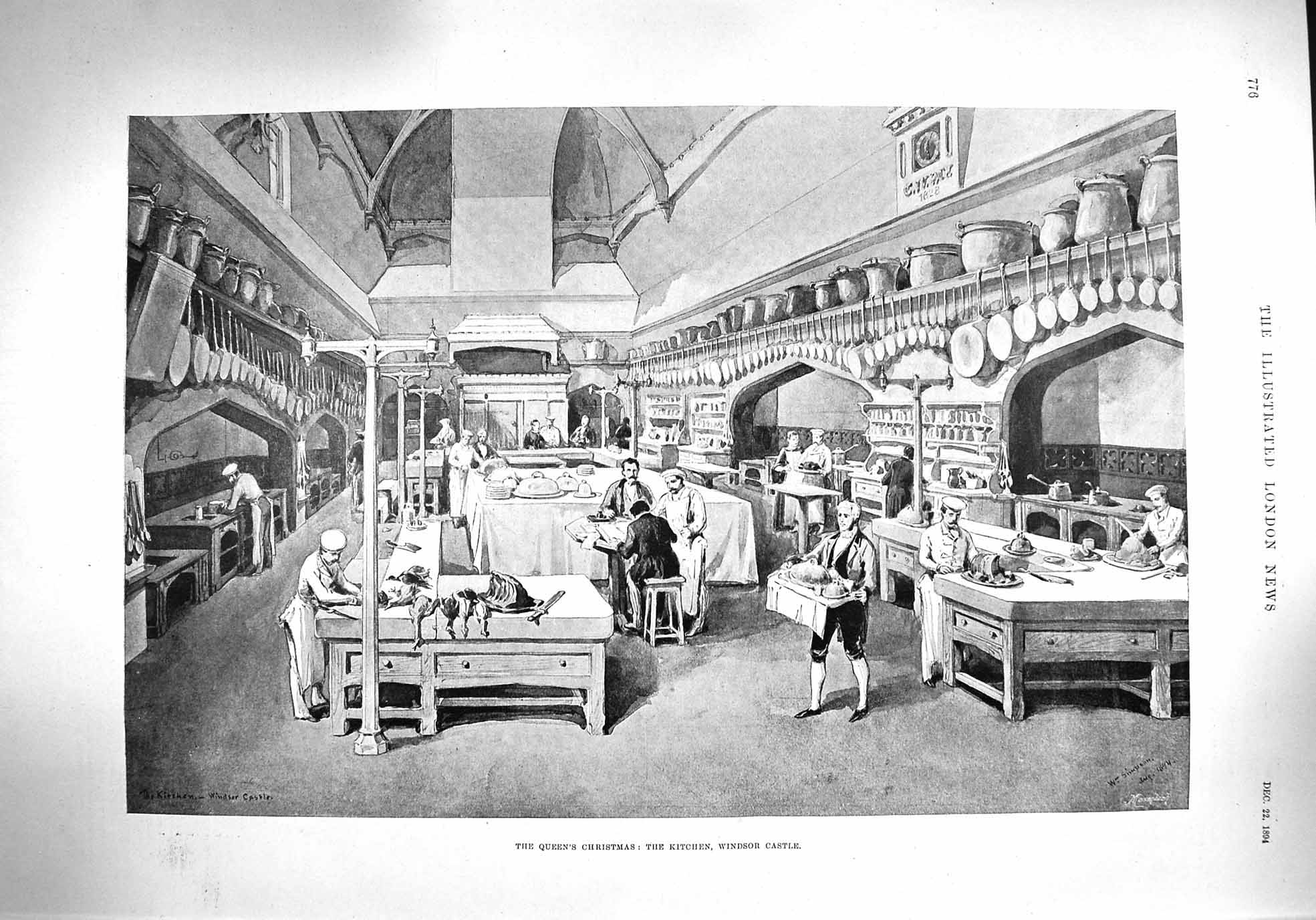 Old Antique Print 1894 Queen Windsor Castle Kitchen Fireplace Christmas 19th