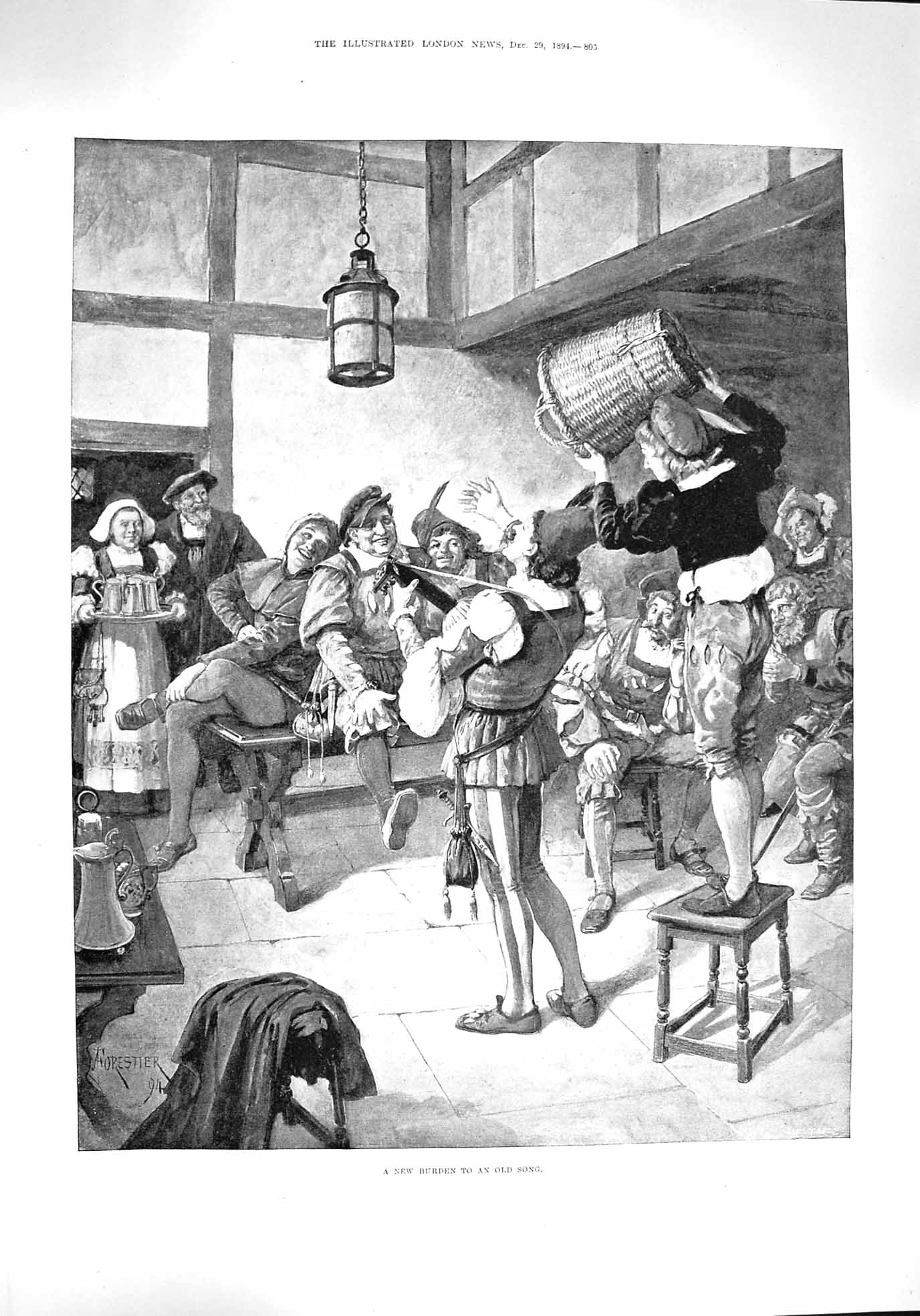 Original Old Antique Print 1894 Burden Song Men Singing Music Basket Victorian