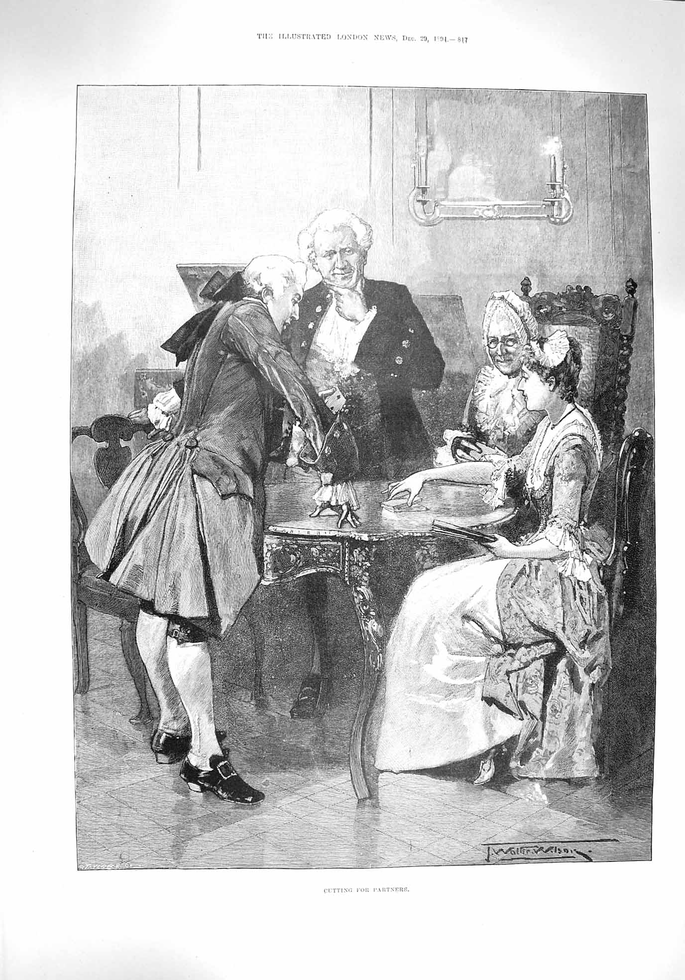 Original Old Antique Print 1894 Cutting Partners Card Game Men Ladies Wilson