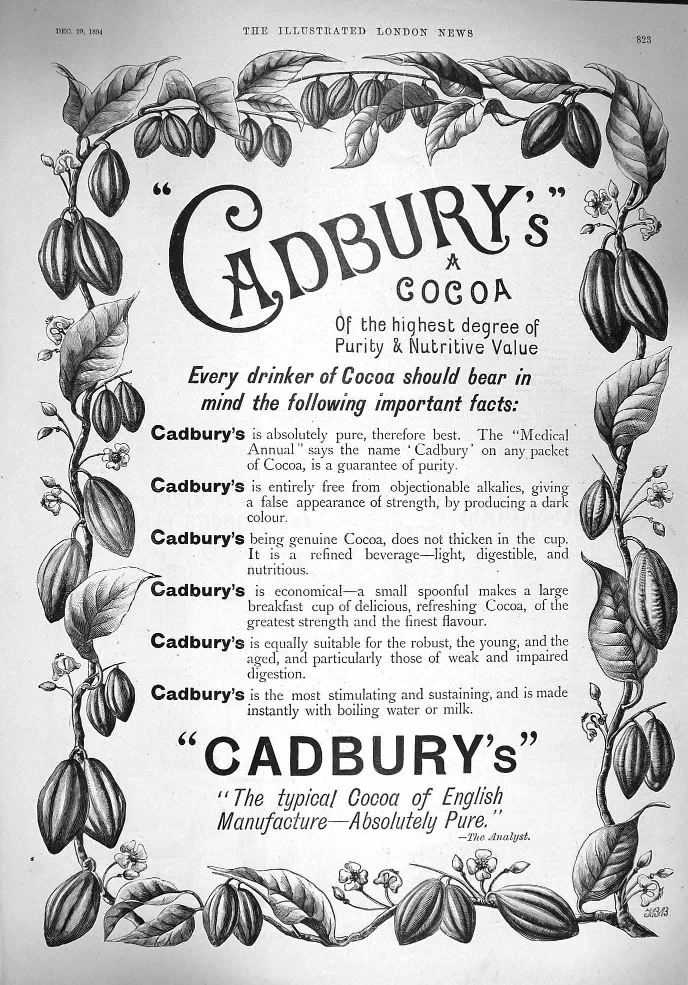 Original Old Antique Print 1894 Advertisement Cadburys Cocoa Drinking Chocolate